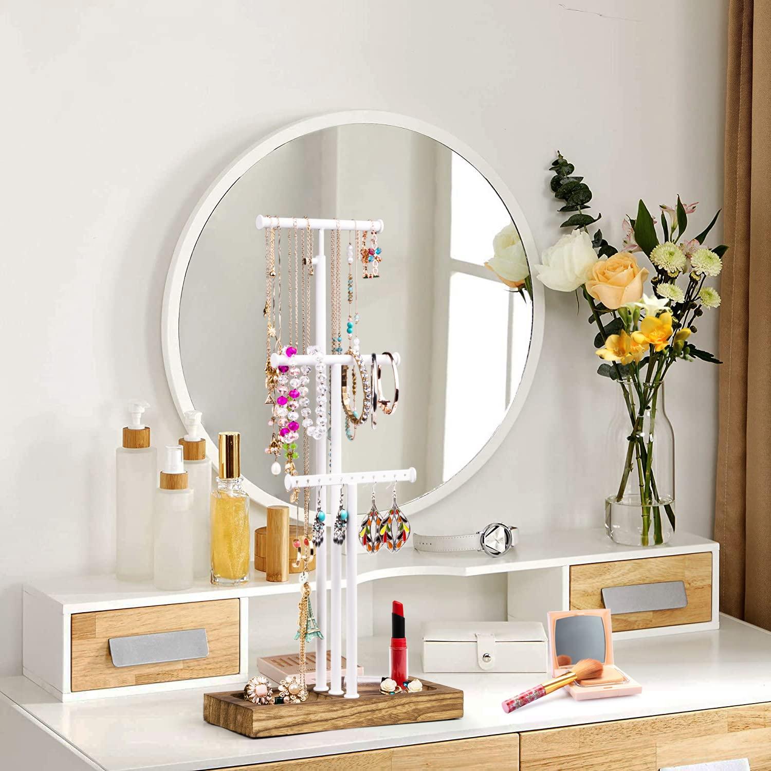 Jewelry Tree Stand White Metal and Wood Base Large Storage Jewelry Organizer for Necklaces Bracelets Earrings Holder Organizer Jewelry Display Mother's Day Gift White and White