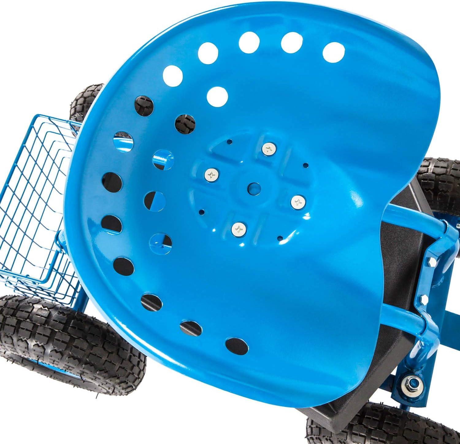 Rolling Garden Cart Scooter Stool - Garden Seat with Wheels Garden Cart with Seat, Adjustable Handle 360 Degree Swivel (Blue)