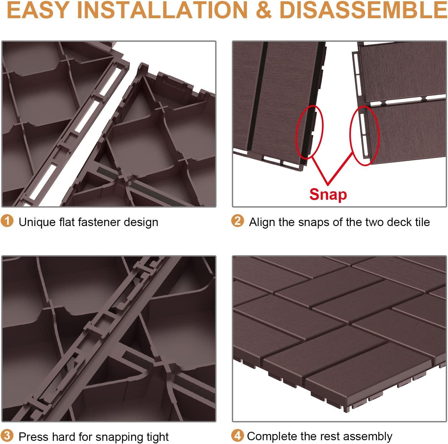 Dark Brown 12"x12" Interlocking Plastic Deck Tiles with Water Protection