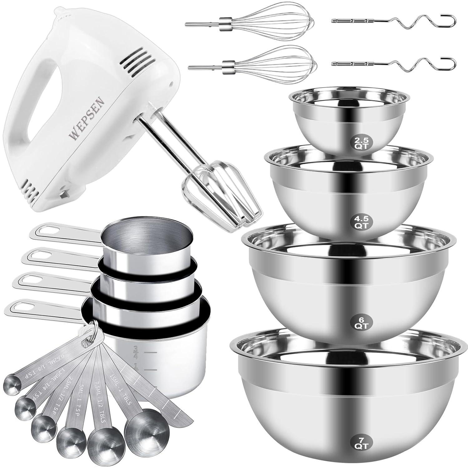MODERN WALLS LLC B07SJQZVZS Hand Mixer Electric Mixing Bowls Set, 5 Speeds Handheld Mixer With 4 Nesting Stainless Steel Mixing Bowl, Measuring Cups Spoons 200W Kitchen Blender Whisk Beater Baking Supplies For Beginner