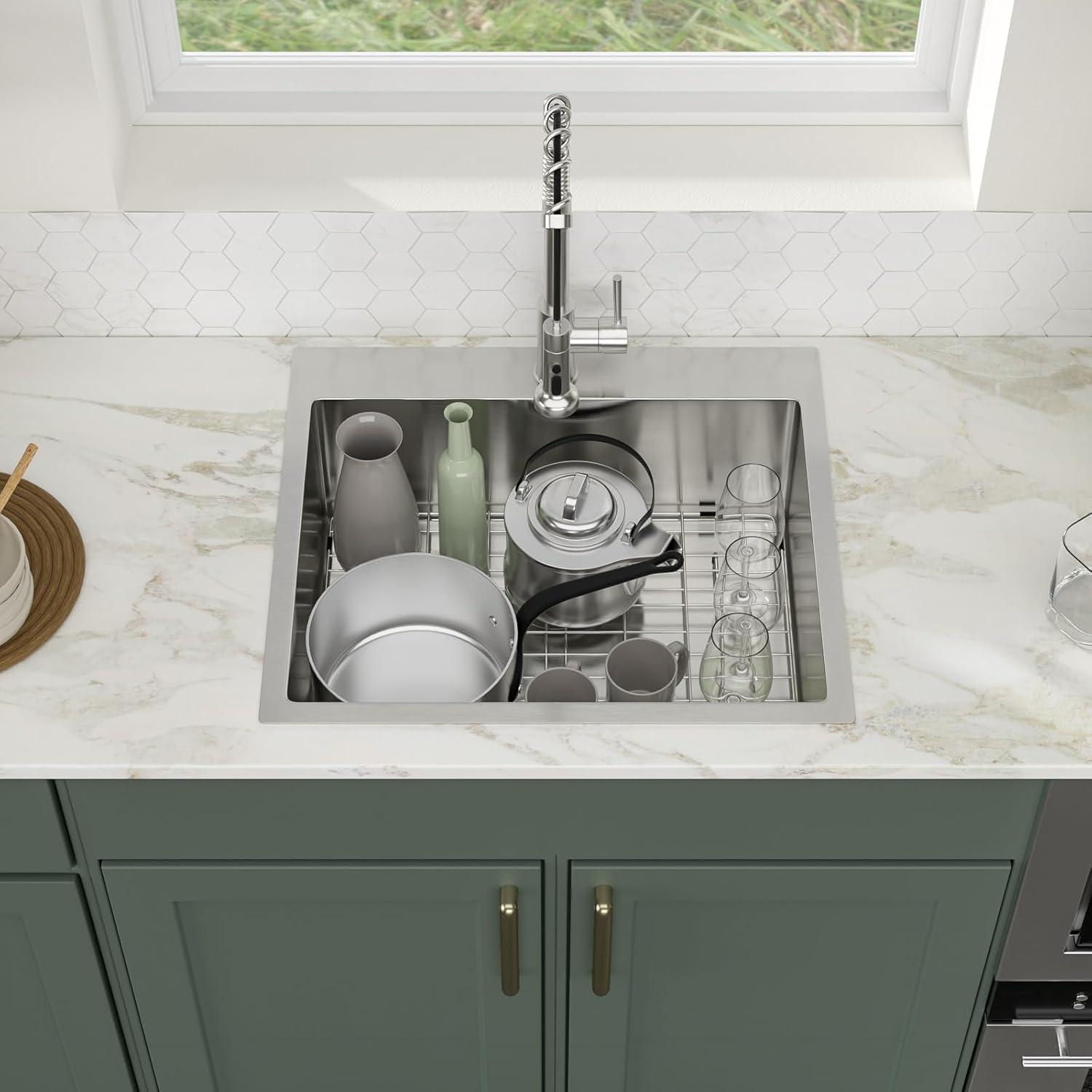 Logmey 25 Inch Drop In Kitchen Sink 25x22 In Handmade Stainless Steel Kitchen Sinks 16 Gauge Topmount Sink Single Bowl Round Corner Sink Bar Sink Prep 25x22x9 Inches