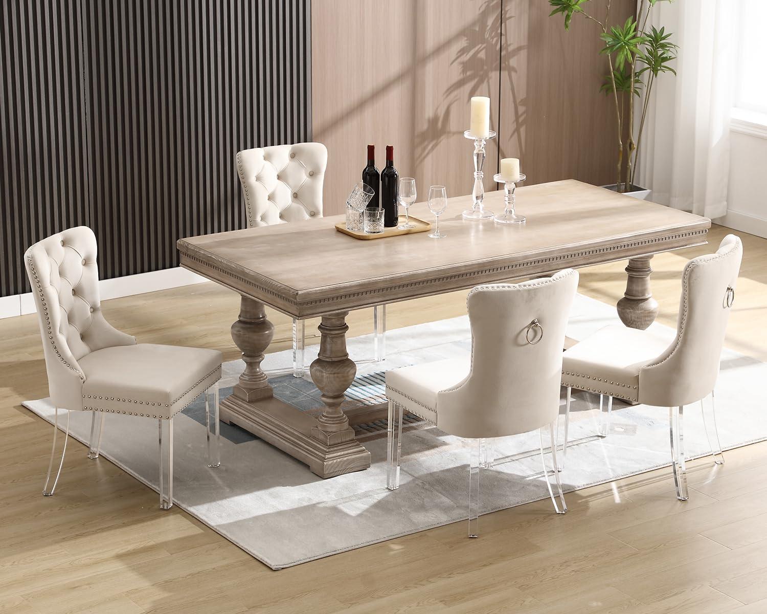 SoarFlash Velvet Dining Chairs Set of 4, Tall Back Side Chair, Modern Upholstered High-end Tufted Side Chair with Button Back Ring, Solid Wood Legs (Beige)