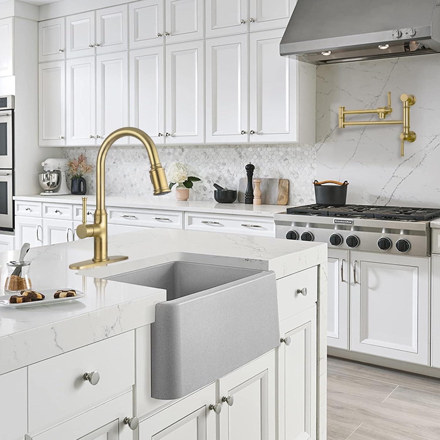 Brushed Gold Brass Wall-Mount Pot Filler Faucet with Swing Arm