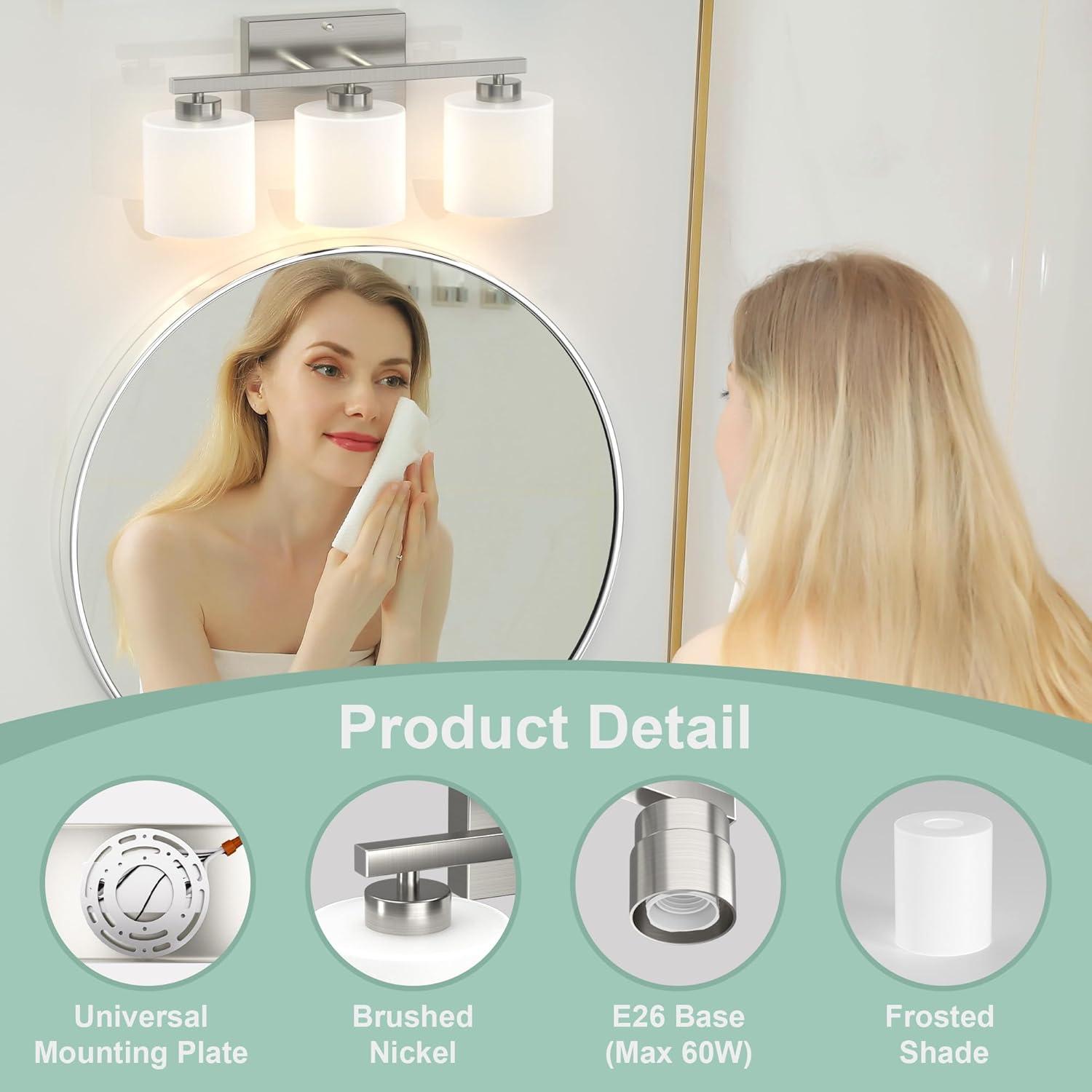 Brushed Nickel Bathroom Light Fixtures, 3-Light Modern Vanity Light Over Mirror
