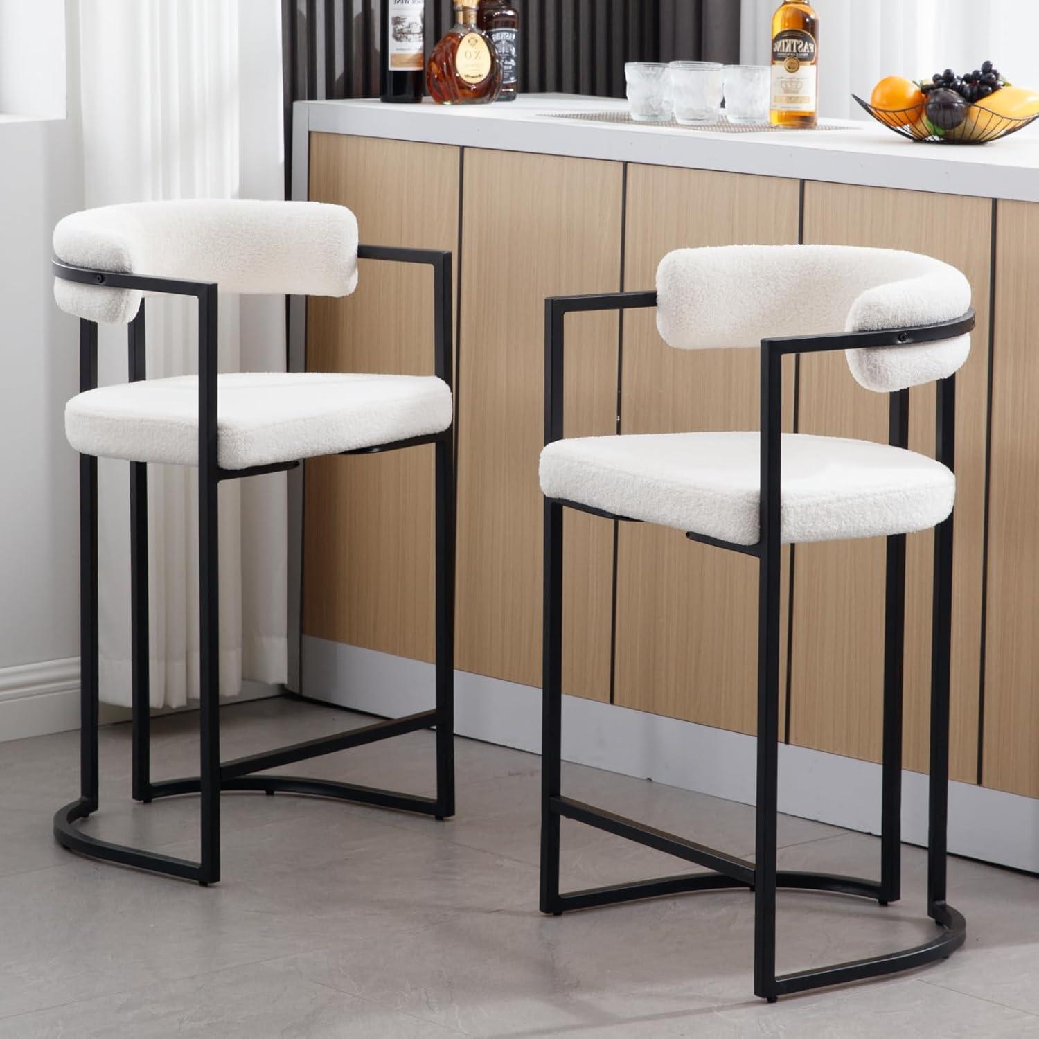 White Upholstered Metal Frame Counter Stools with Armrests, Set of 2