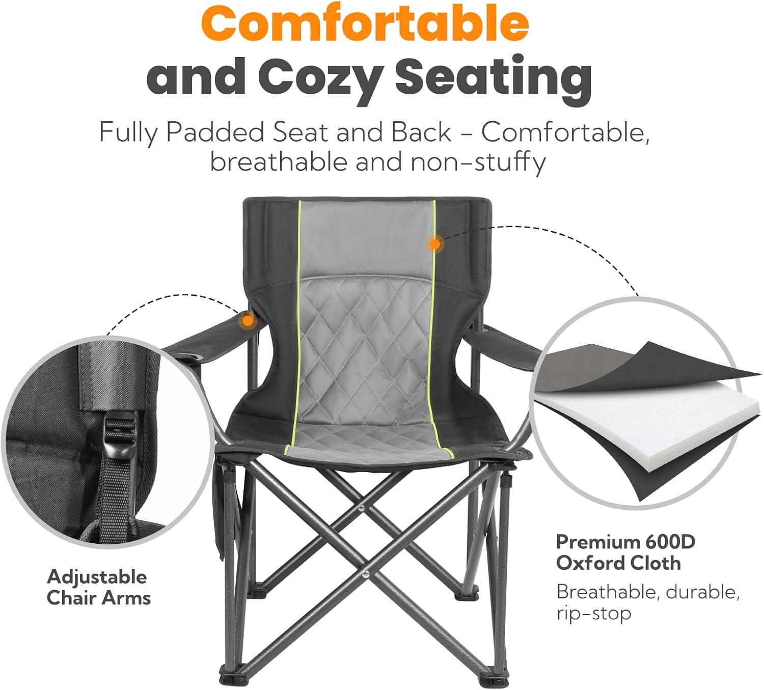 Heavy Duty Gray and Black Foldable Camping Chair with Cup Holders