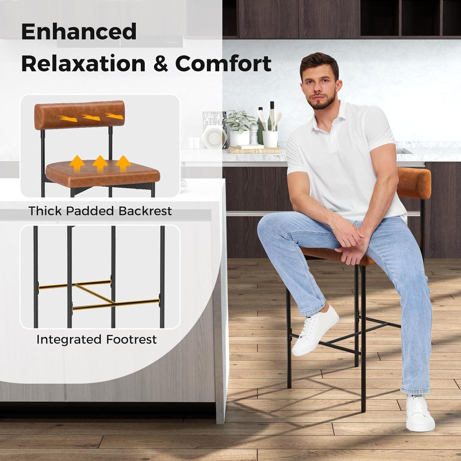 Brown Faux Leather and Metal Counter Stools, Set of 2
