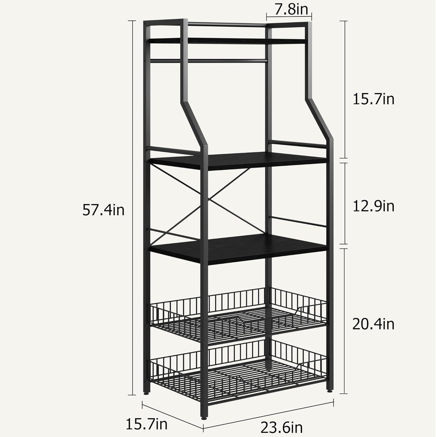 CREATIVE HOBBIES Kitchen Bakers Rack Microwave Oven Stand with 2 Large Wire Basket, Industrial Coffee Bar Station, 5-Tier Kitchen Utility Storage Shelf with 8 Hooks for Spice, Pots Organizer