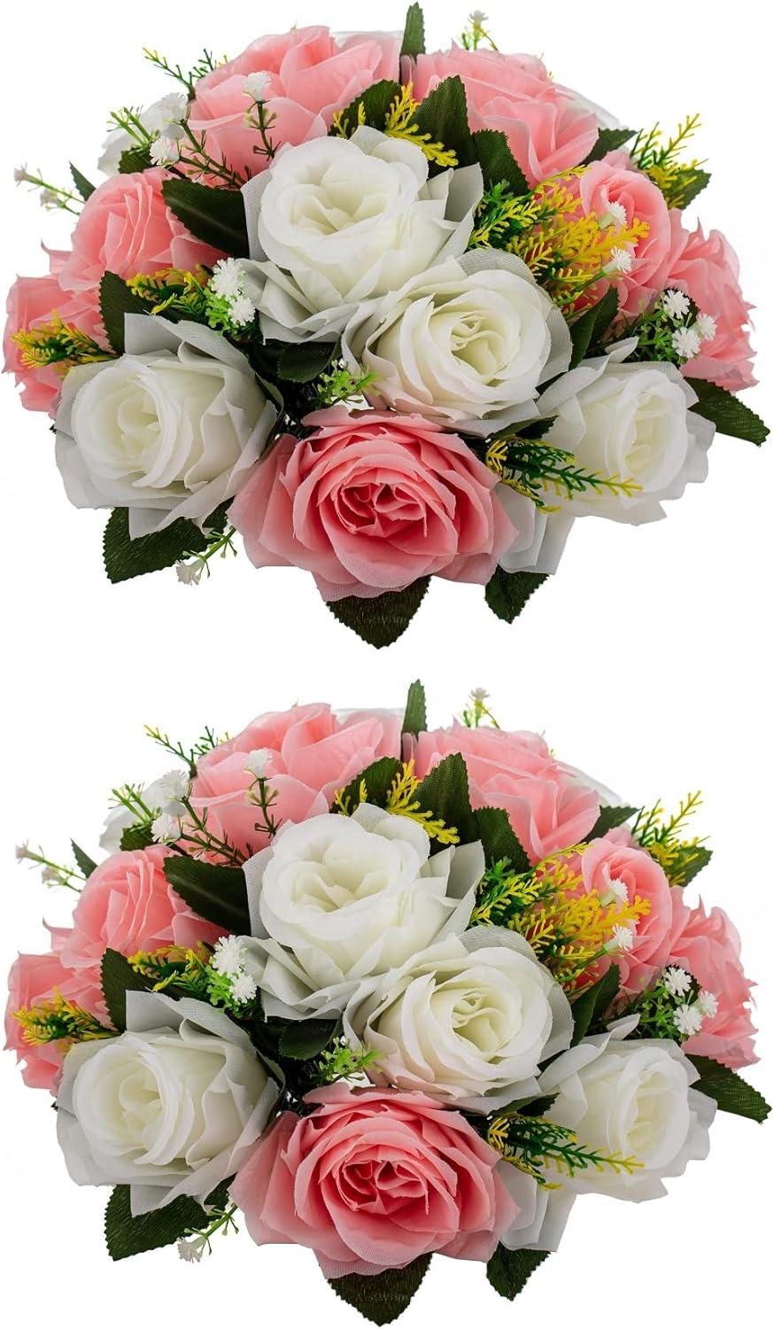 Nuptio Set of 2 Blue&White Artificial Flower Kissing ball, 15 Heads Fake Peony Silk Rose Flowers Bouquet for Centerpiece Wedding Birthday Party Home Table Decor