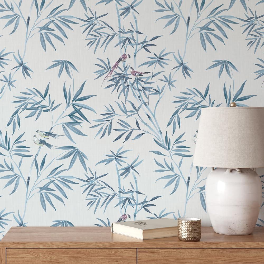 Tempaper & Co. Bamboo Chinoiserie Removable Peel and Stick Wallpaper, Nightfall, 28 sq ft: Vinyl, Self-Adhesive, Botanical Leaf Pattern