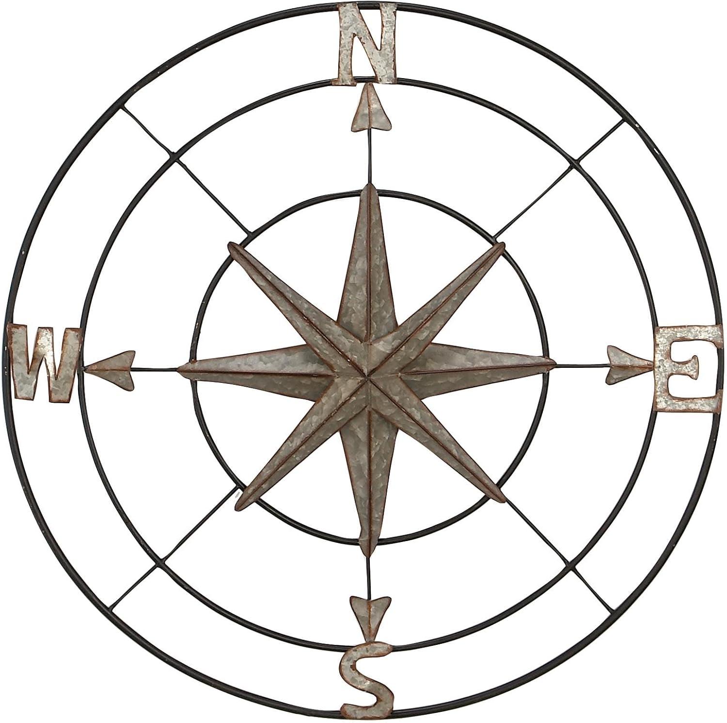 DecMode Farmhouse Metal Compass Shaped with 3D 8 Point Star Wall Décor, 32"D with Metallic Silver Galvanized Finish