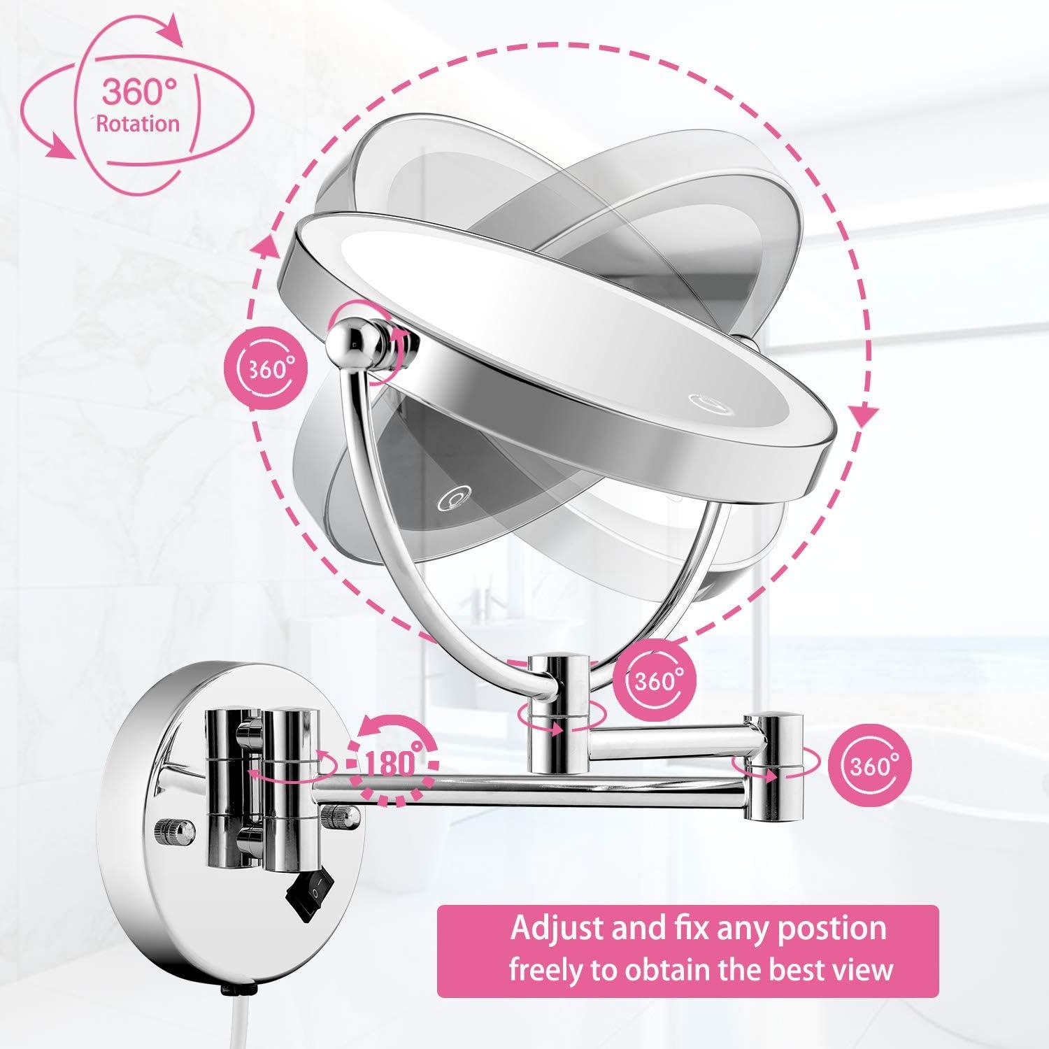 Chrome Wall Mounted LED Lighted Makeup Mirror with 5X Magnification