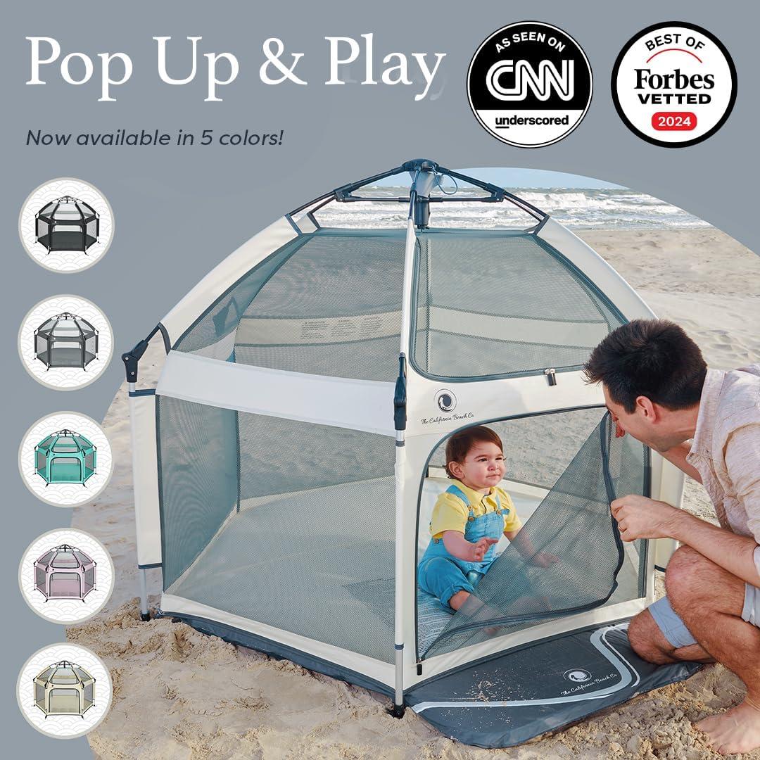 Warm Ivory Portable Pop-Up Playpen with Canopy and Travel Bag