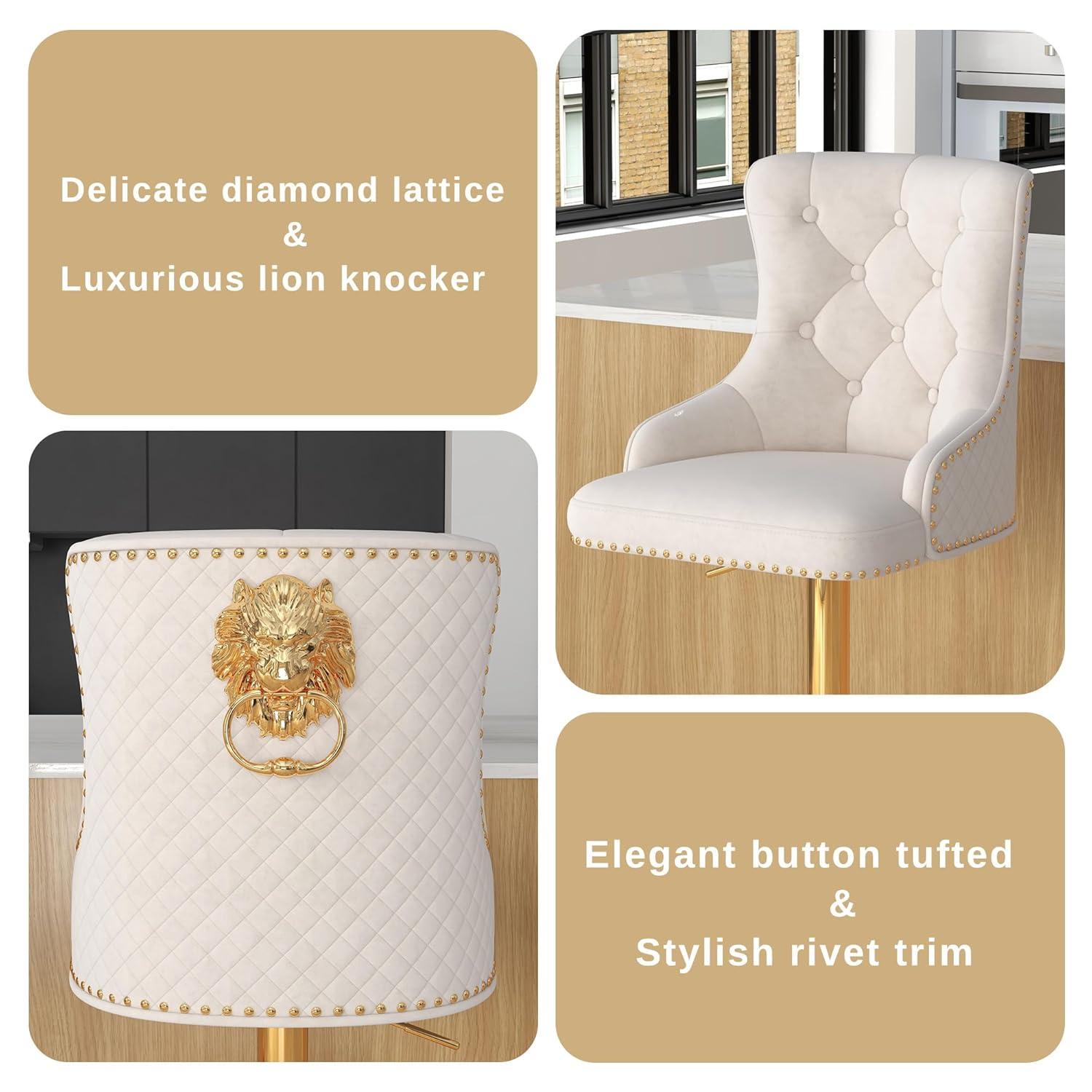 Bar Stools Set of 2, Swivel Barstools with Nailheads Trim, Velvet Button Tufted Back and Golden Footrest, Adjustable Counter Height Bar Stools for Kitchen Counter,Home Bar,Pub, Beige