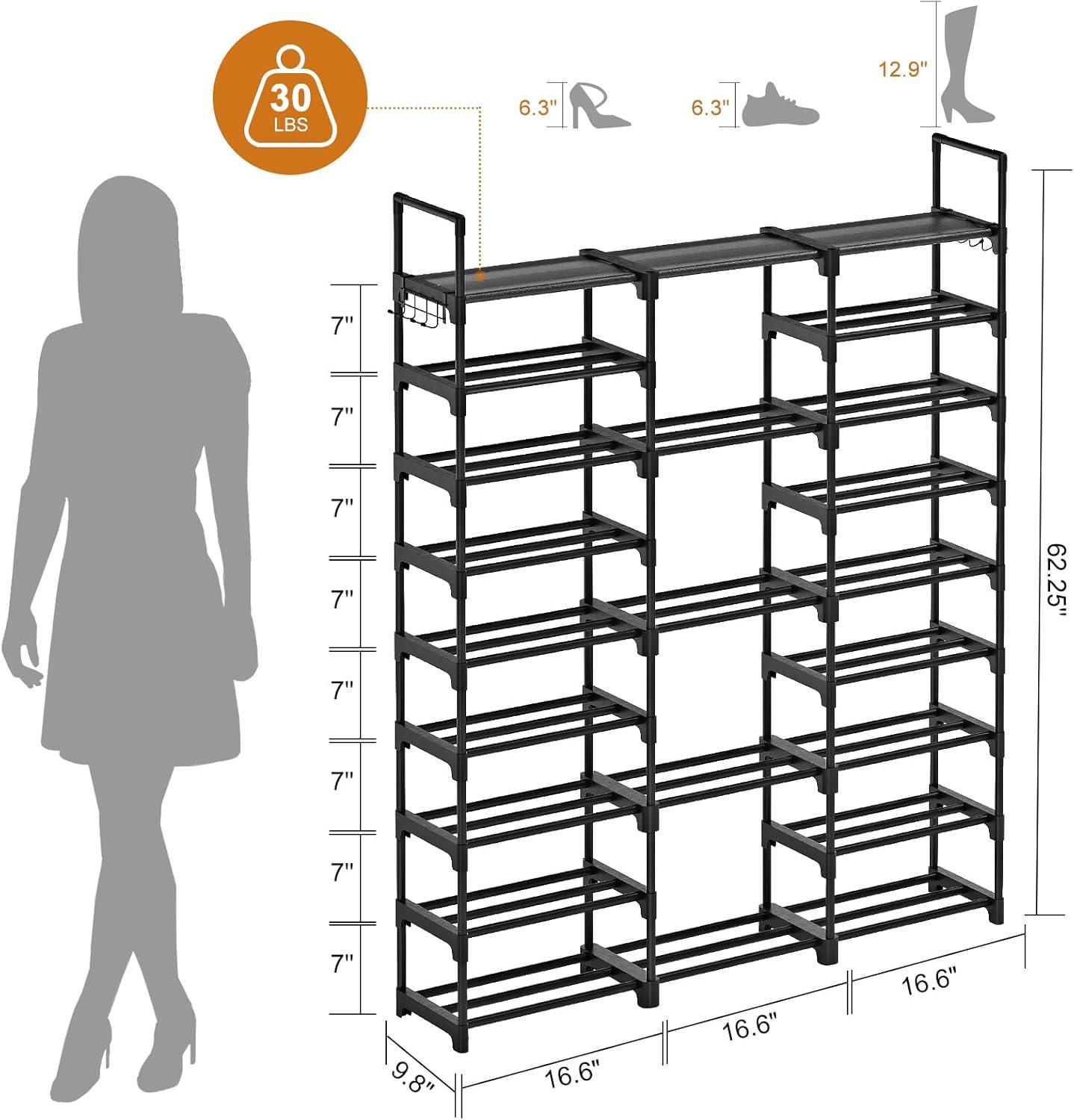 Black Metal 9-Tier Stackable Shoe Rack Organizer