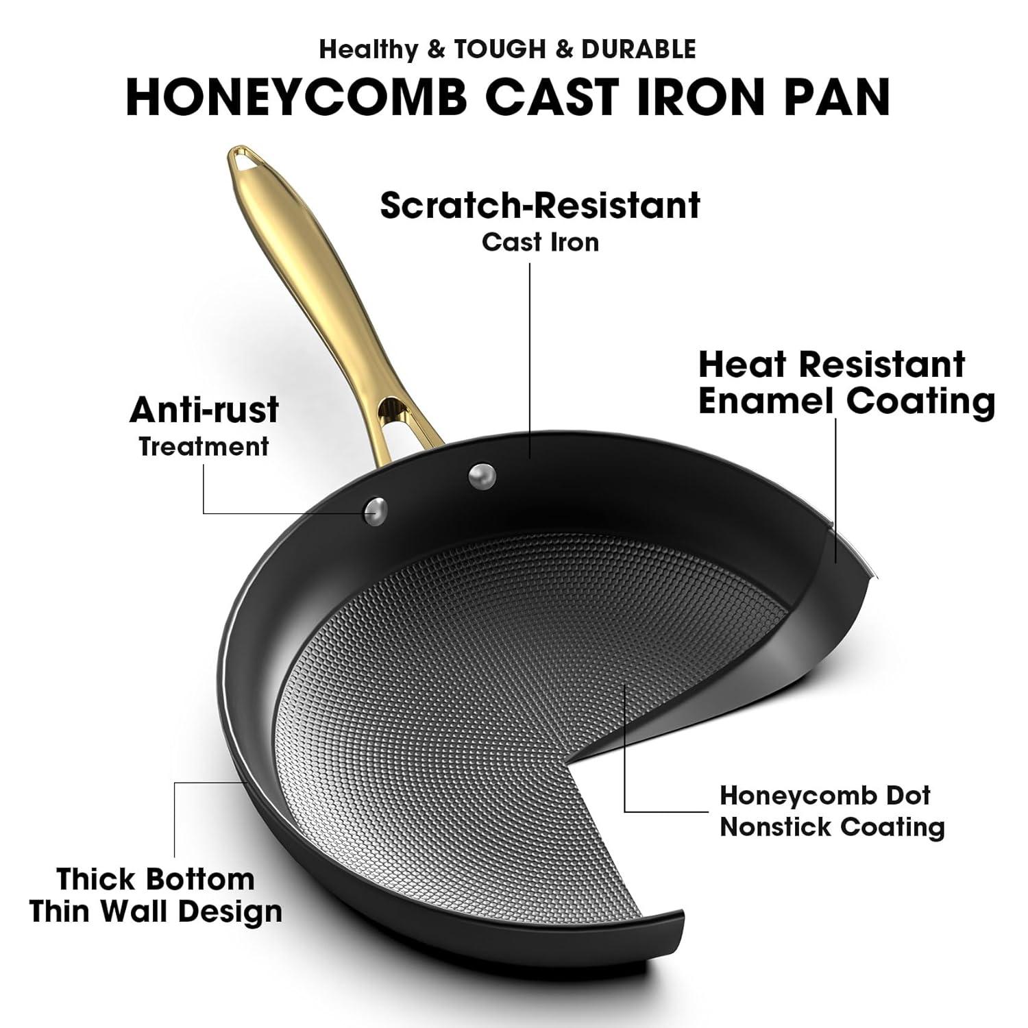 imarku Non Stick Frying Pans, Professional Cast Iron Skillets 2 Pcs - 8 Inch & 10 Inch Frying Pans Nonstick, Honeycomb Long Lasting Frying Pan Set Gold Handle Oven Safe Pan, New Home Essentials
