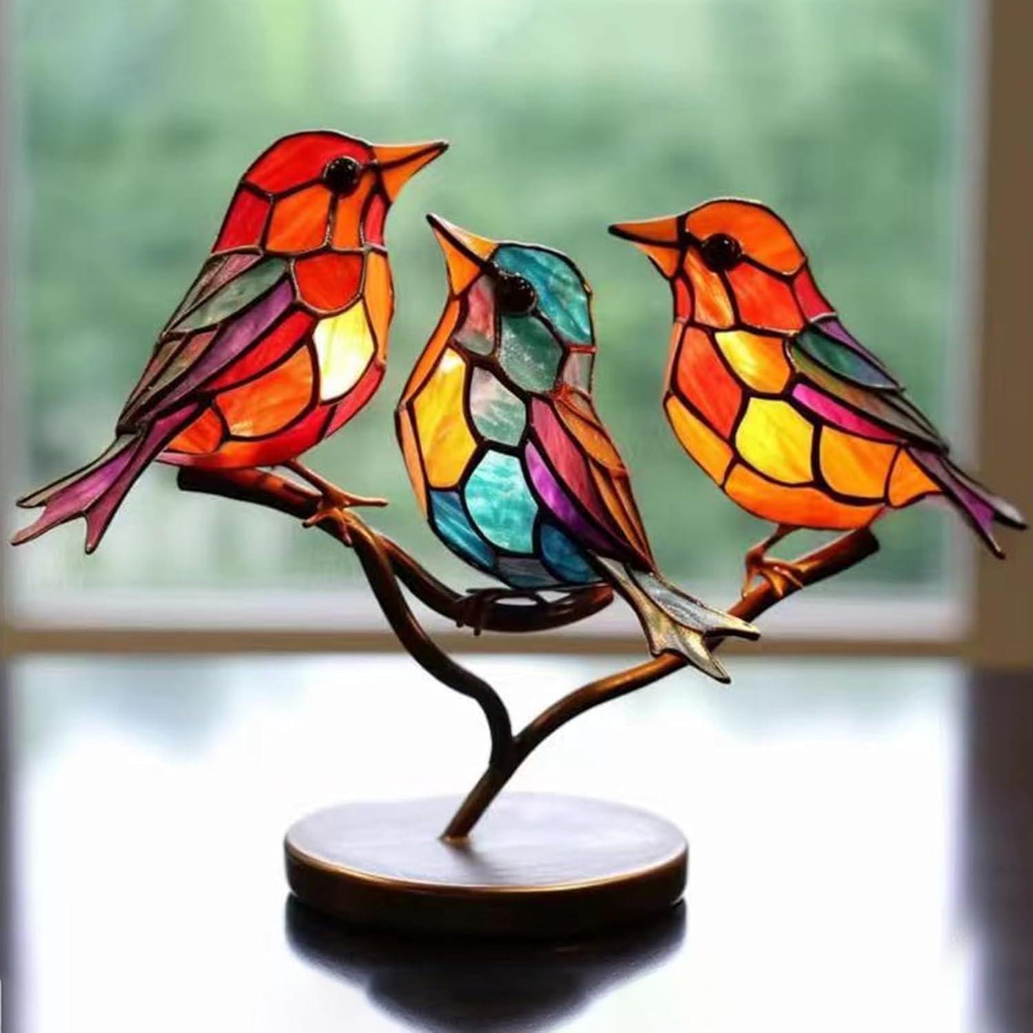 Multicolor Stained Glass Birds on Metal Branch Figurine