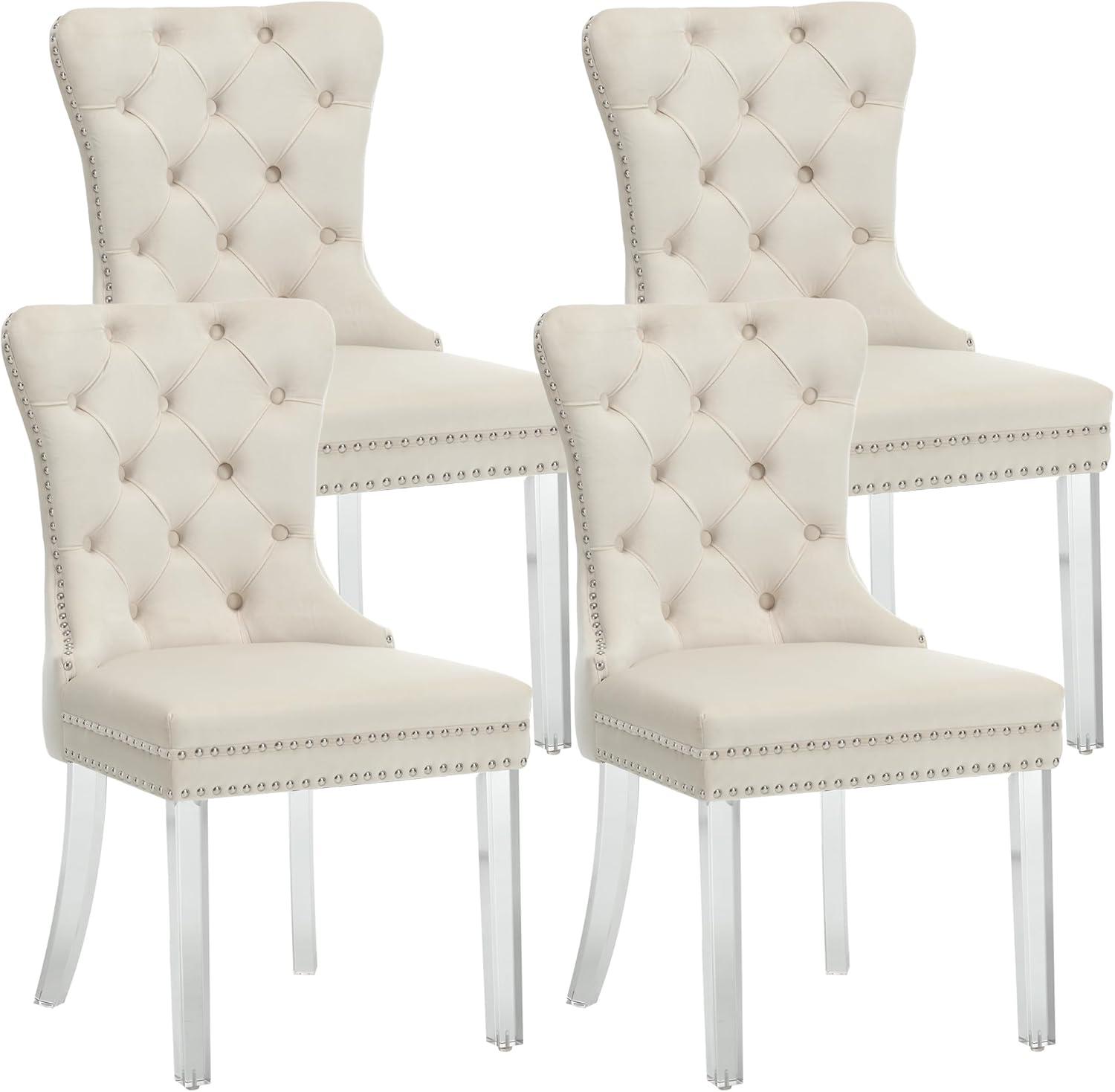 Beige Velvet Upholstered Wingback Side Chairs with Wood Legs, Set of 4