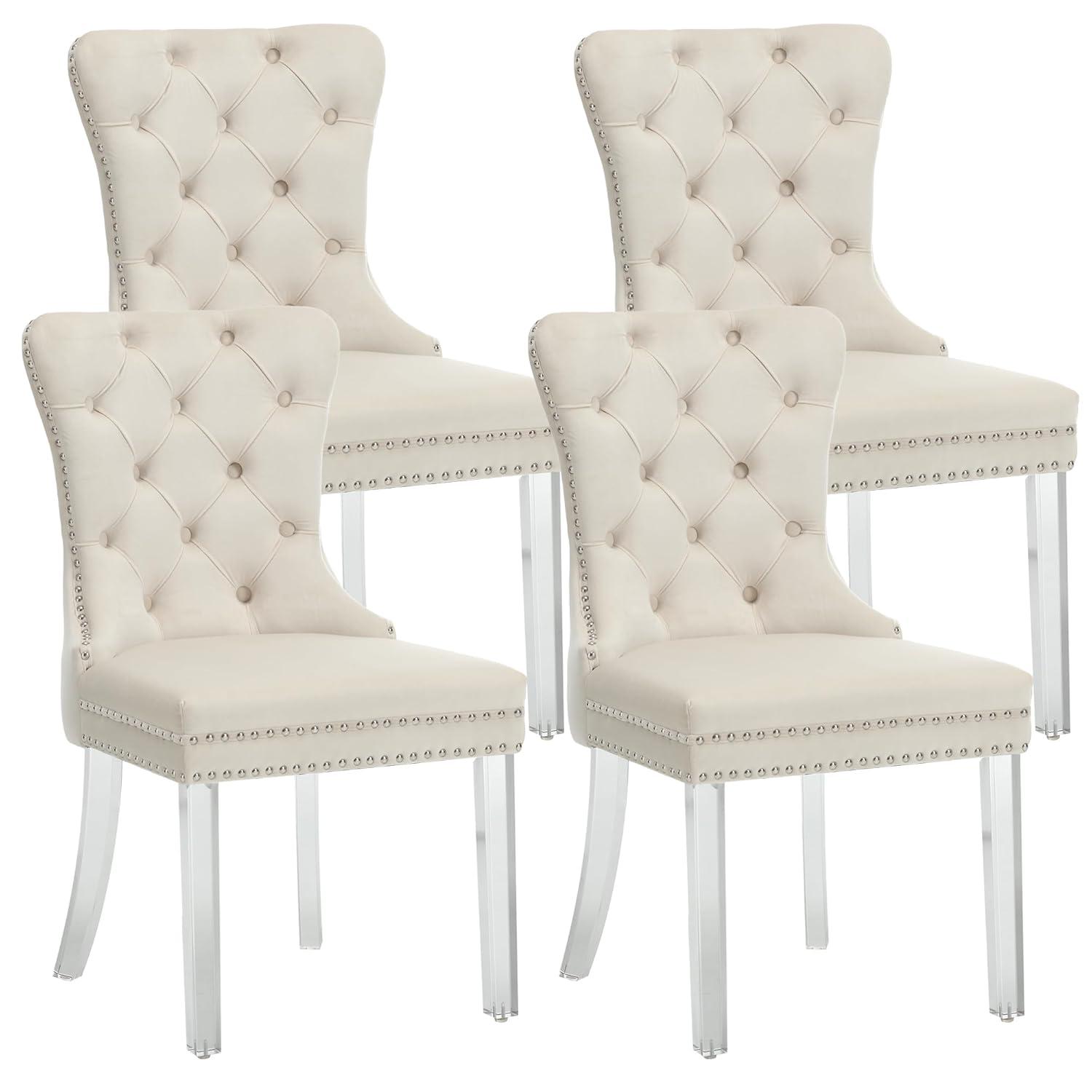 SoarFlash Velvet Dining Chairs Set of 4, Tall Back Side Chair, Modern Upholstered High-end Tufted Side Chair with Button Back Ring, Solid Wood Legs (Beige)