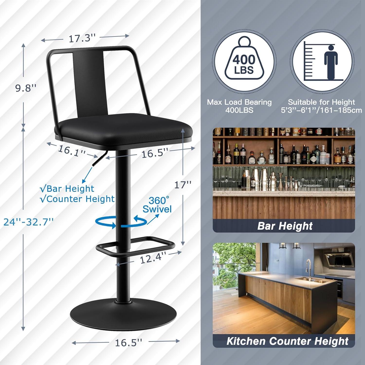 Metal Swivel Barstools Set of 2, Enlarged PU Leather Seat with Metal Back, Adjustable from 24" to 33" for Counter Height & Bar Height, Modern Design for Kitchen and Restaurant,MatteBlack
