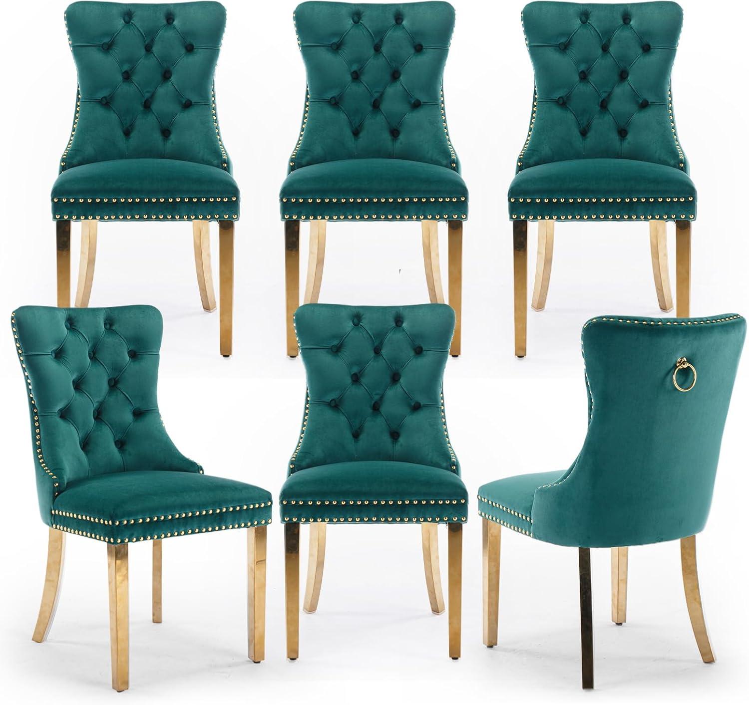 ODUSE-DAILY Green Velvet Dining Chairs Set of 6, Kitchen & Dining Room Chairs, Nailheads Tufted, Sillas De Comedor, Fabric Upholstered, Golden Metal Legs (Green, 6 Pcs)