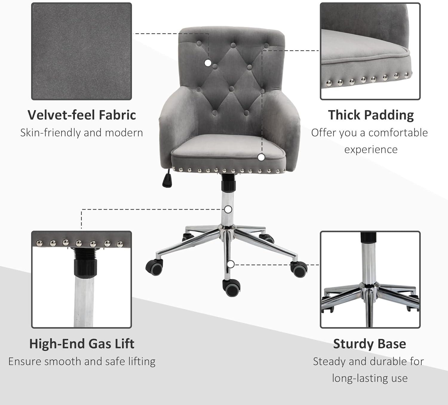 HOMCOM Home Office Chair Tufted Velvet Desk Chair w/ Nailhead Trim Mid Back