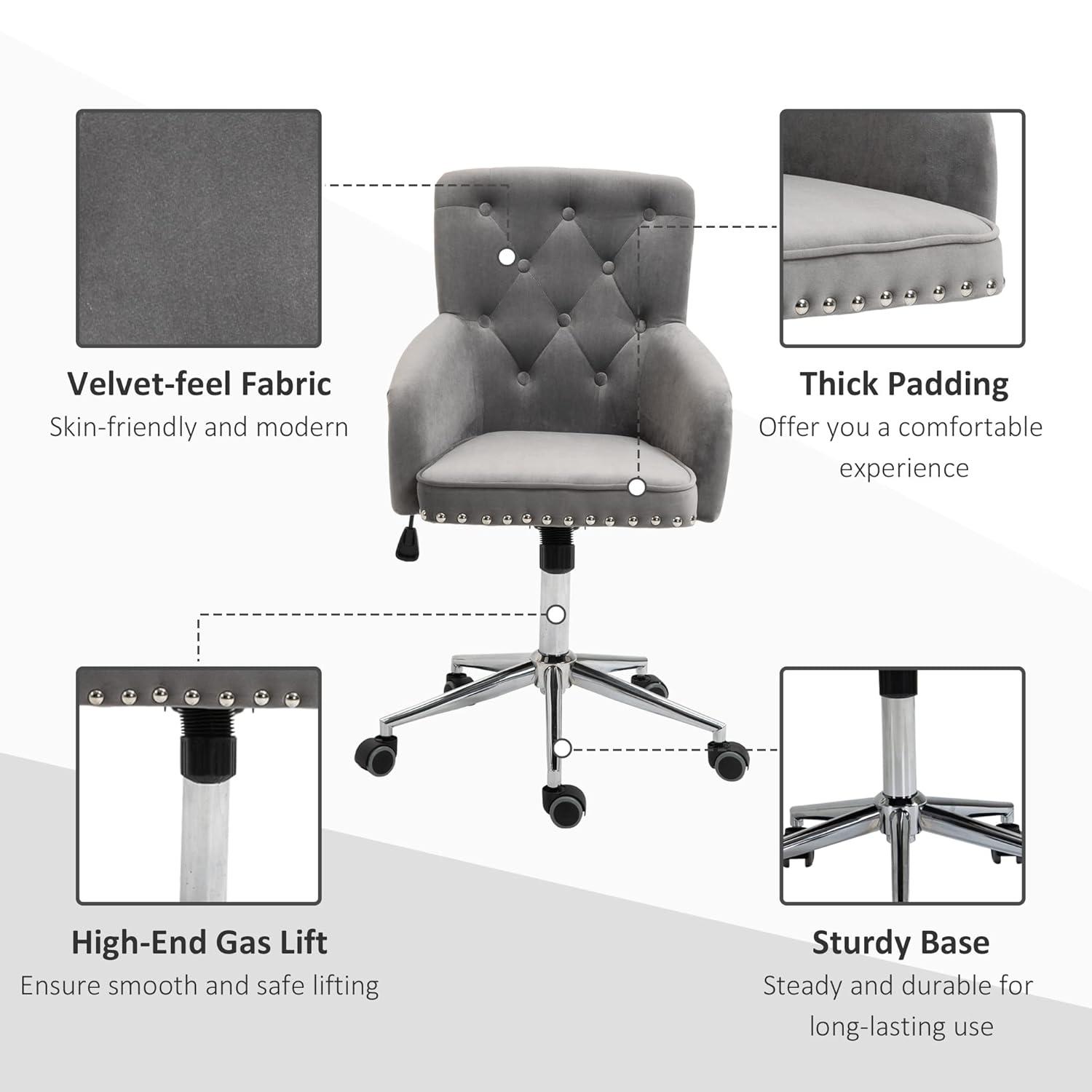 HOMCOM Home Office Chair Tufted Velvet Desk Chair w/ Nailhead Trim Mid Back