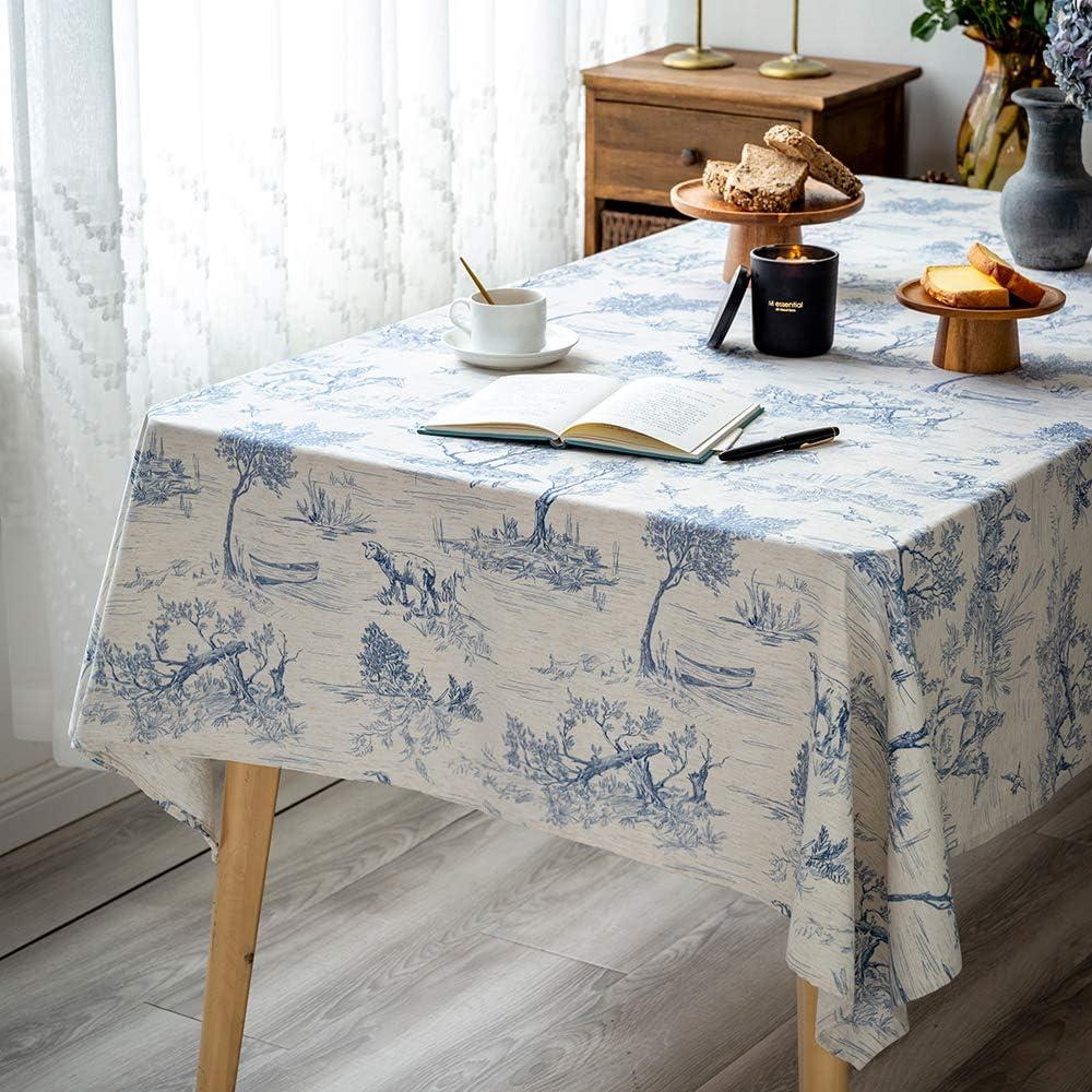 GLORY SEASON Rustic Tablecloth Classic French Village Printed Linen Fabric Table Cover Farmhouse Decoration 52x70 Inches Rectangle/Oblong Blue for Kitchen Dining