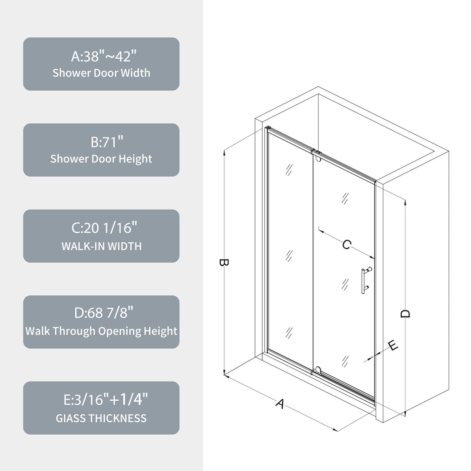 38-42" W x 71" H Flush Glass Shower Door Reversible Installation