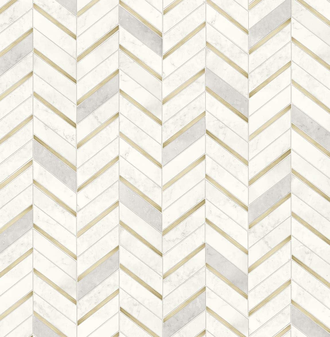 NextWall Faux Chevron Marble Tile Peel and Stick Wallpaper: Self-Adhesive, Repositionable, Washable, Gold, 30.75 Sq Ft Coverage