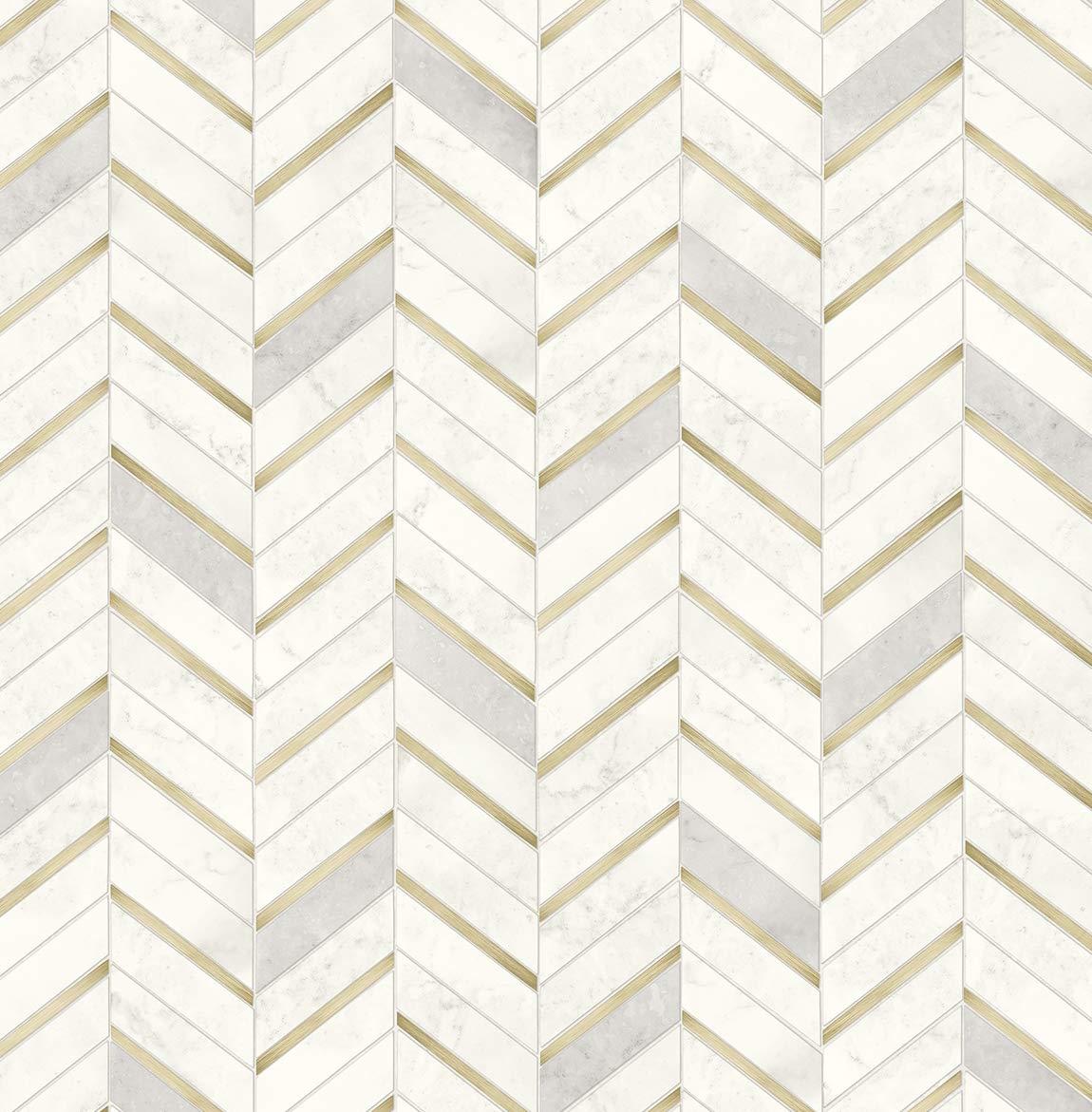 NextWall Faux Chevron Marble Tile Peel and Stick Wallpaper: Self-Adhesive, Repositionable, Washable, Gold, 30.75 Sq Ft Coverage