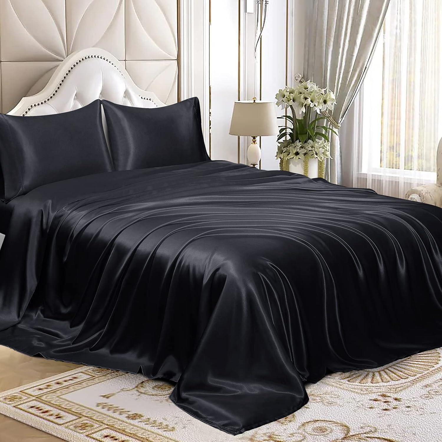 King Black Satin Deep Pocket 4-Piece Sheet Set