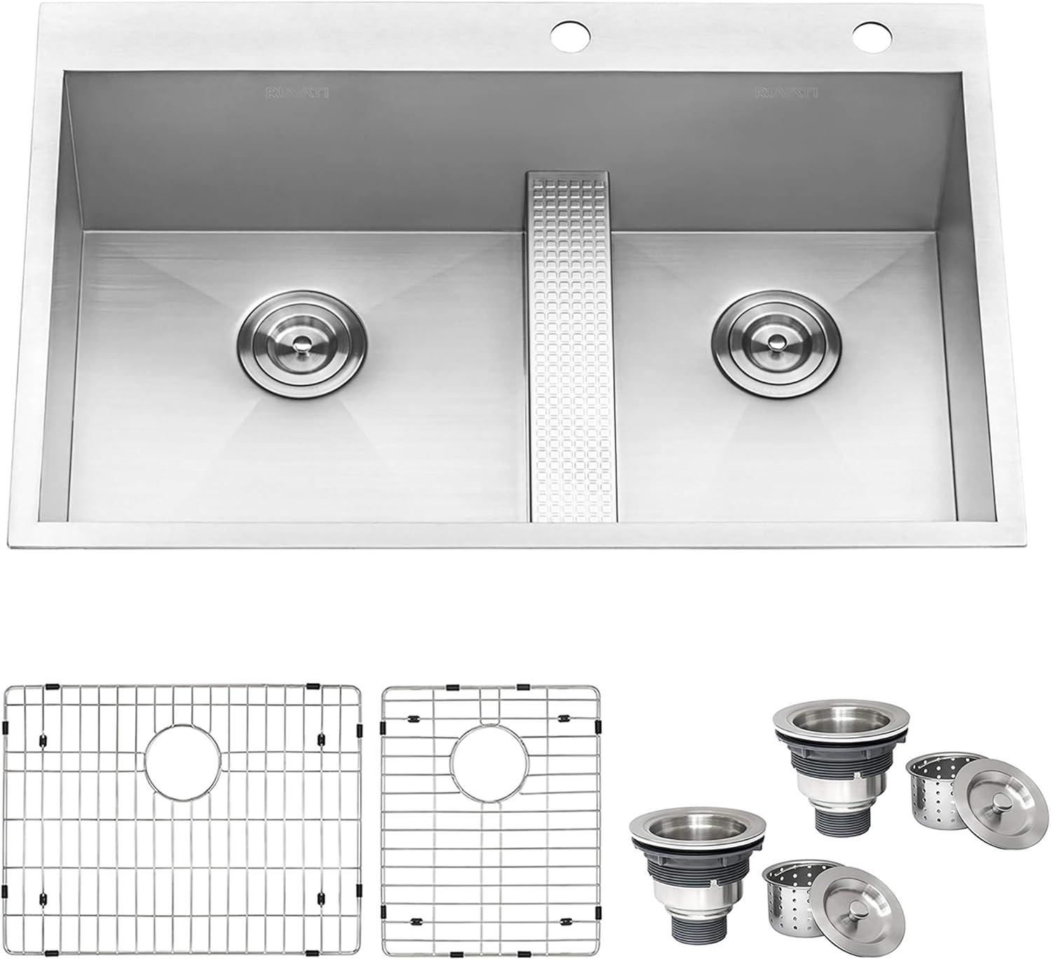 Ruvati 33-inch Drop-in Low Platform-Divide Zero Radius 60/40 Double BowlTopmount Kitchen Sink