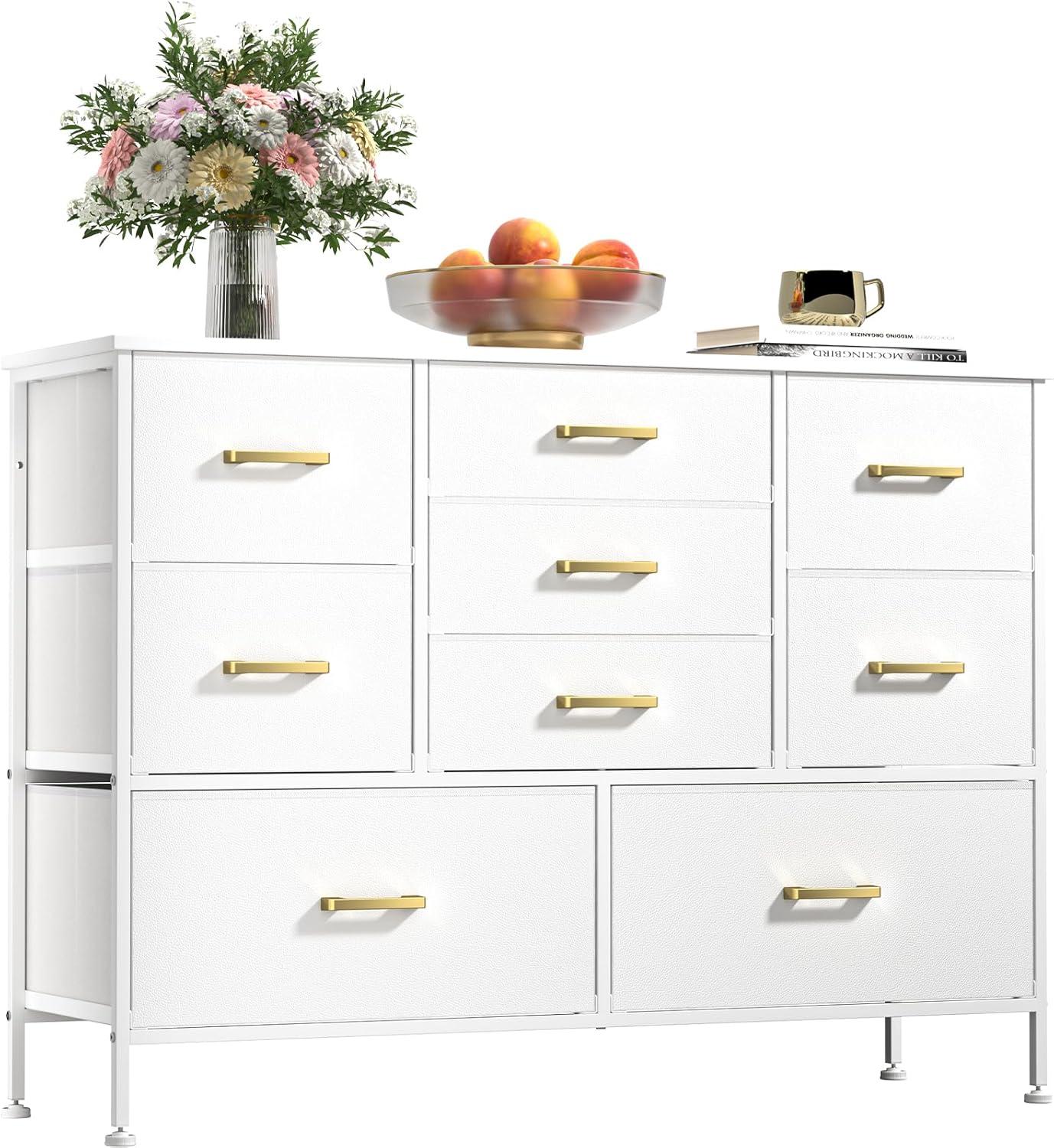 White Fabric Chest of Drawers with Leather Finish, Wide Dresser for Bedroom & Living Room TV Stand, Entertainment Center, Featuring 9 Drawers for 50” TV