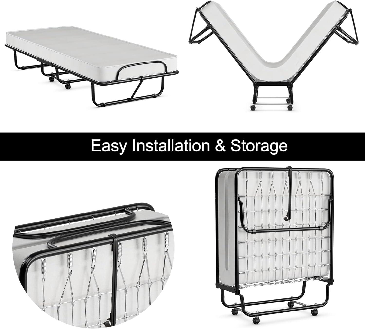 Hysache Rollaway Folding Bed with 4" Memory Foam Mattress, Portable Foldable Guest Bed for Spare Room & Office, 4 Casters, Metal Frame, Portable & Lightweight Compact Rolling Cot, 75" x 31"