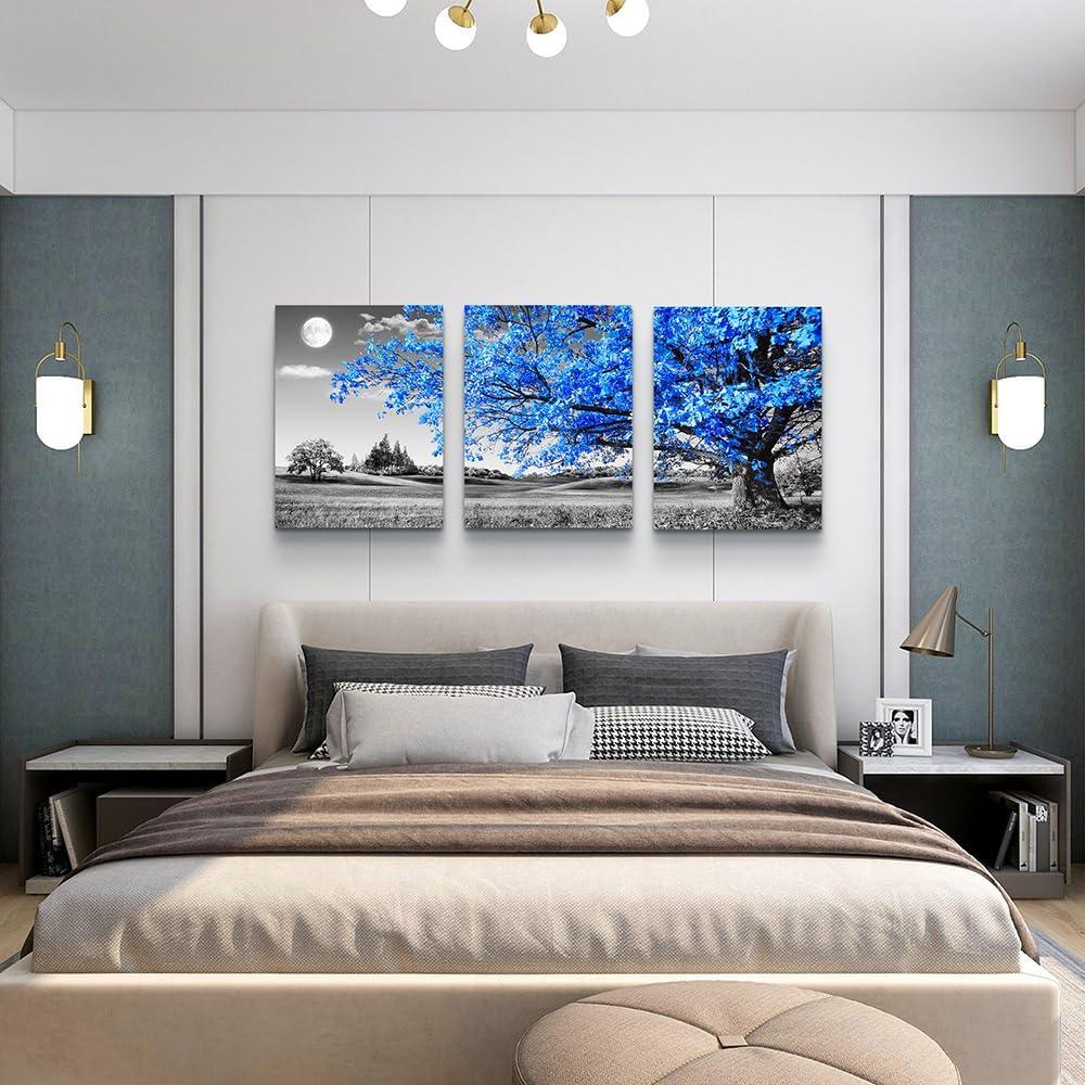 Wall Art For Living Room black and white Blue tree moon Canvas Wall Decor for Home artwork Painting 12" x 16" 3 Pieces Canvas Print For bedroom Decor Modern Salon kitchen office Hang a picture