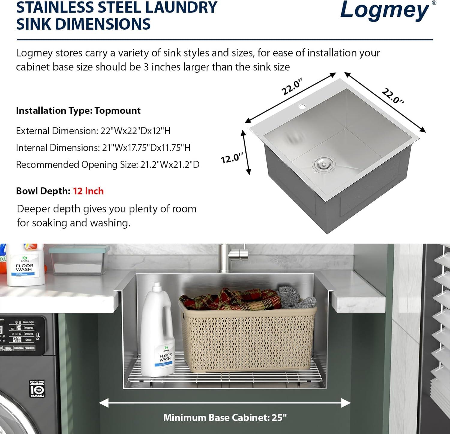 22" x 22" Stainless Steel Drop-In Laundry Sink with Accessories