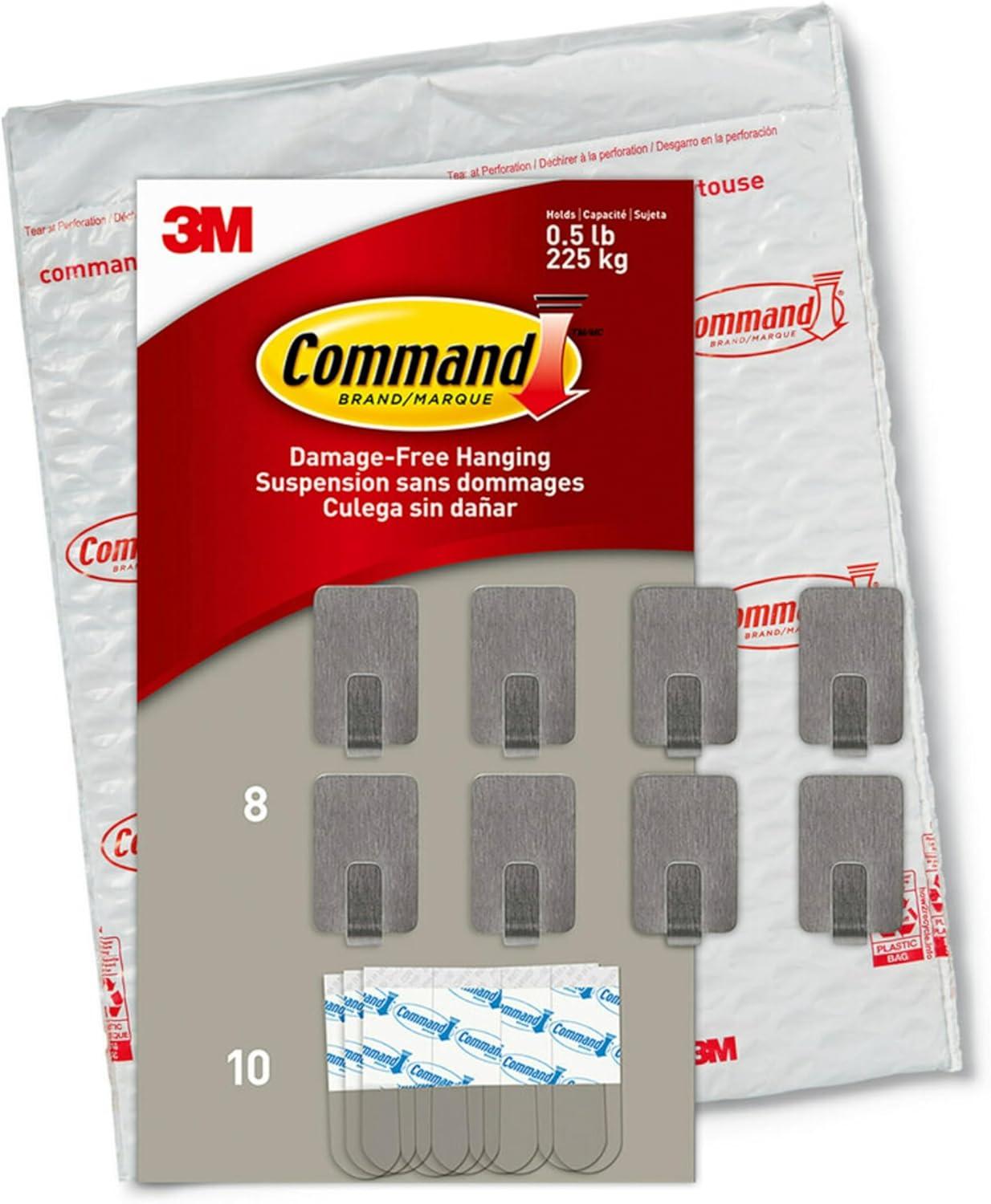 Command Small Stainless Steel Metal Hooks 8 Hooks, 10 Strips, Decorate Damage-Free