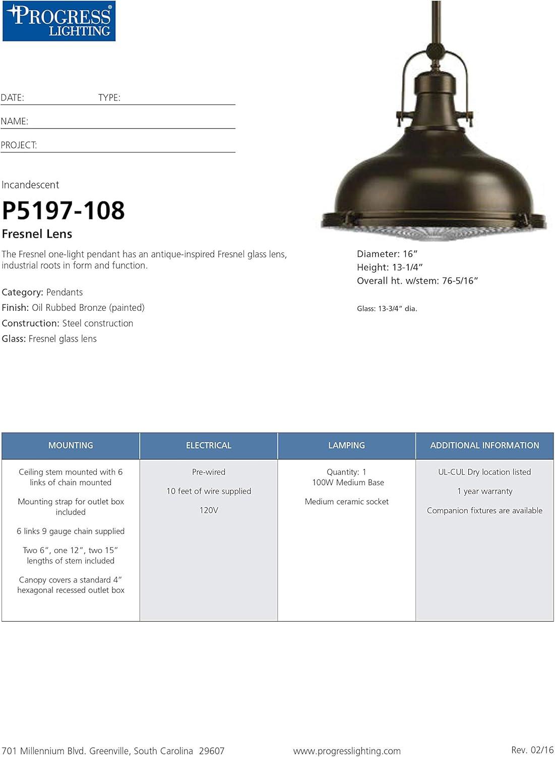 Progress Lighting, Fresnel, 1-Light Pendant, Oil Rubbed Bronze, Prismatic Glass Shade