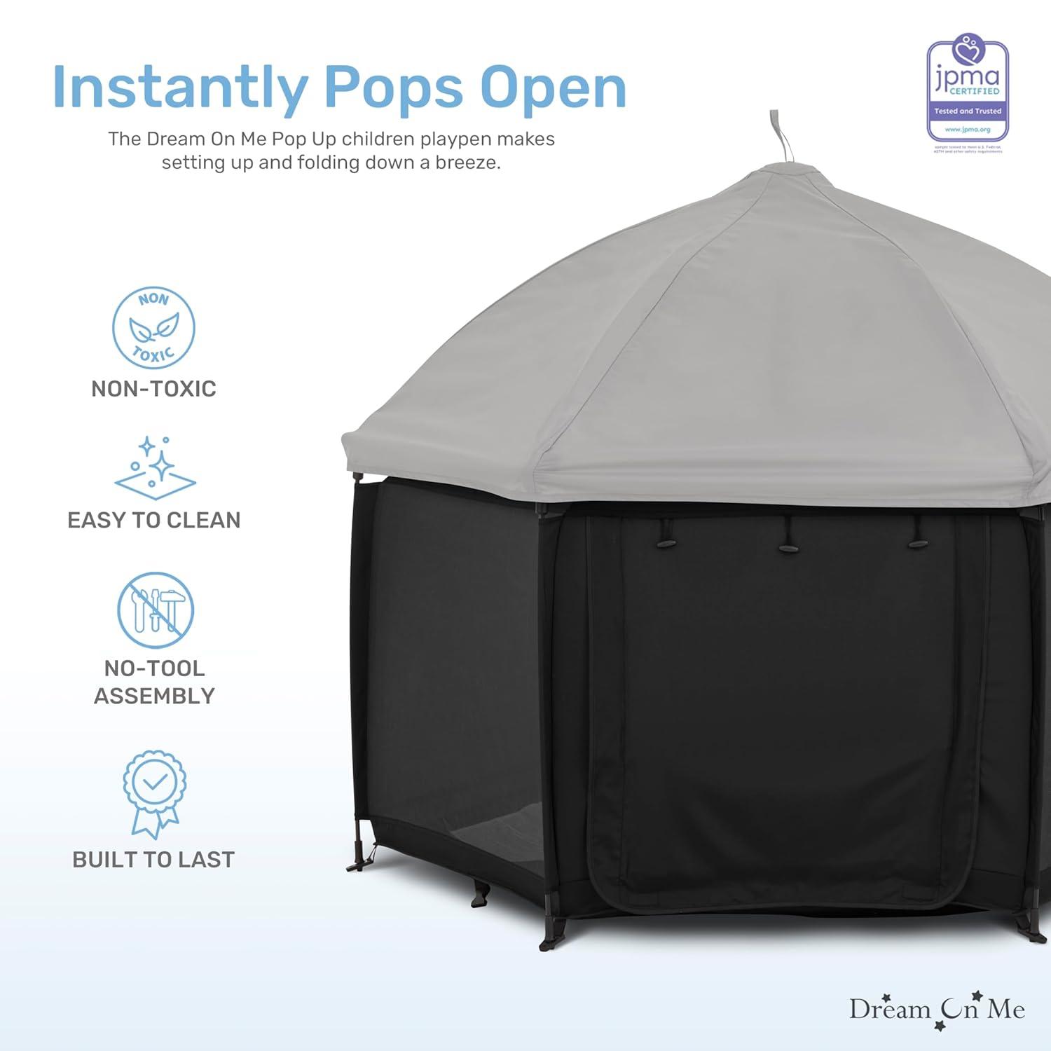 Dream On Me Pop Up Children Playpen, Easy Set-Up- Indoor Play House and Outdoor Play Tent with Canopy Cover, Black