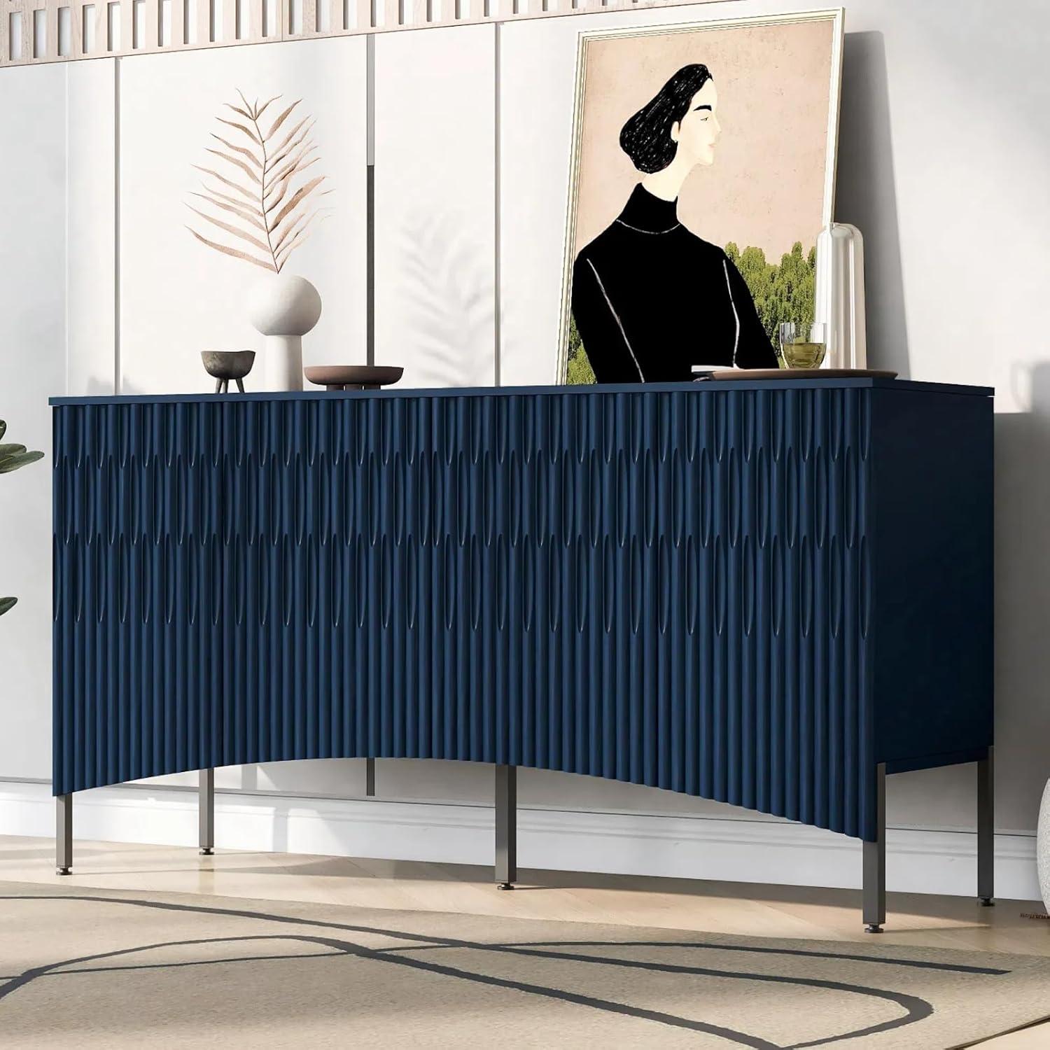 Navy Blue Curved 60" Modern Sideboard with Metal Legs