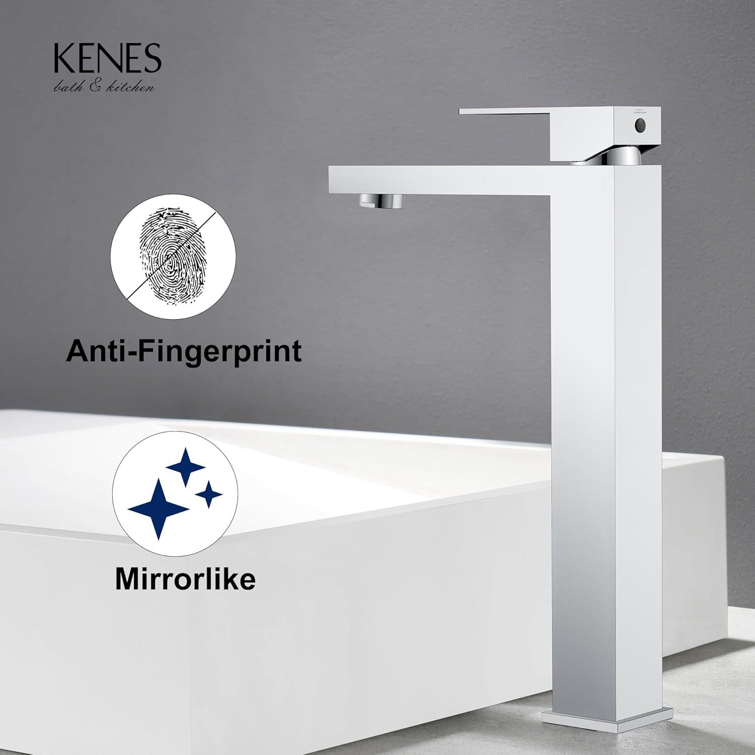 KENES Chrome Bowl Vessel Sink Facuet Single Handle Tall Bathroom Sink Faucet Bathroom Vanity Faucet Basin Mixer Tap with Water Supply Lines and Pop Up Sink Drain, LJ-9031A-5