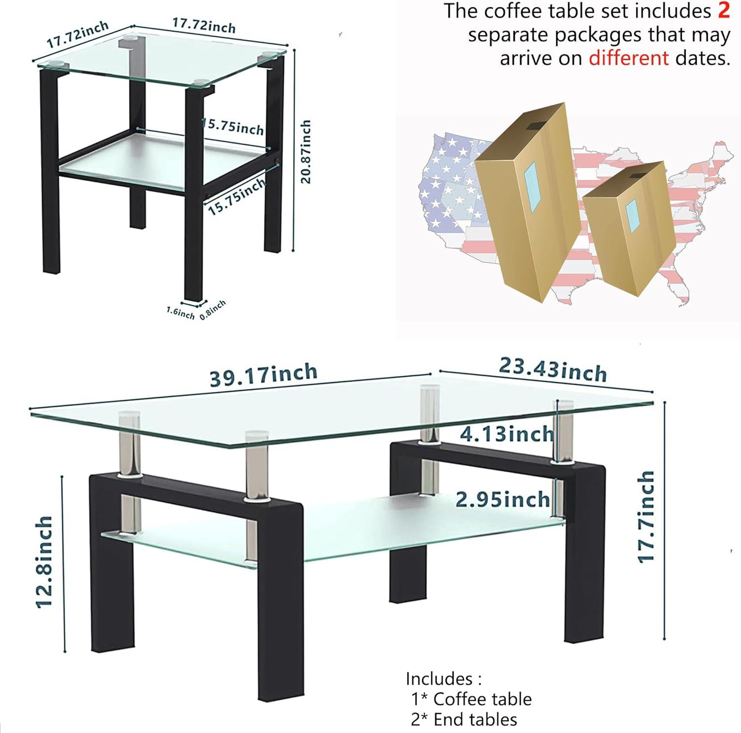 Glass Coffee Table Set of 3 Piece, Living Room Table Set of 3, Black Coffee Table and End Coffee Table Sets, Metal Frame (Black C, Set of 3)