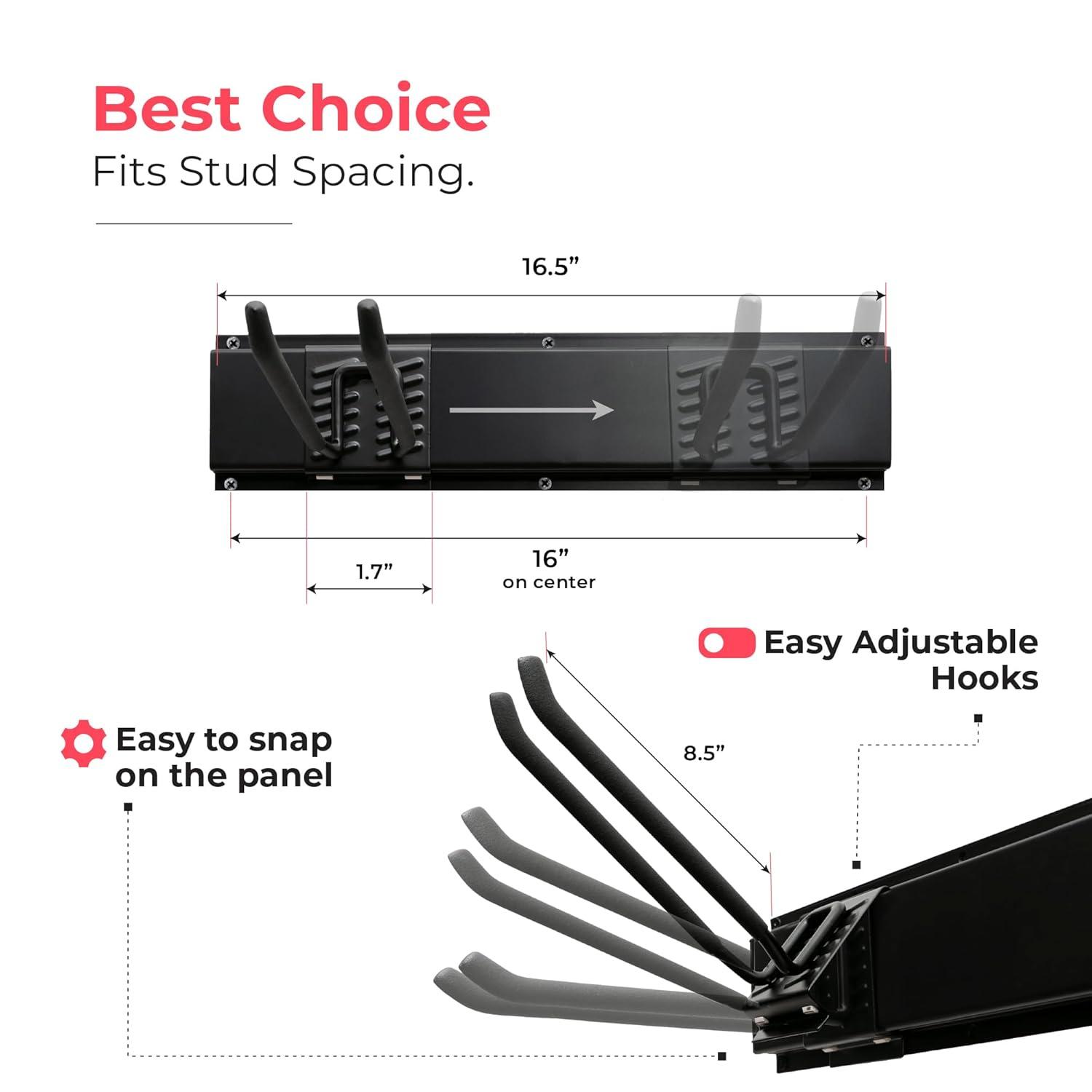 Garage Tool Organizer Wall Mount - Sturdy Storage Rack with Adjustable Hooks, Stud Spacing Compliance - 300lbs Capacity - Garden Tool Organizer for Garage with 3 Rails and 6 Hooks