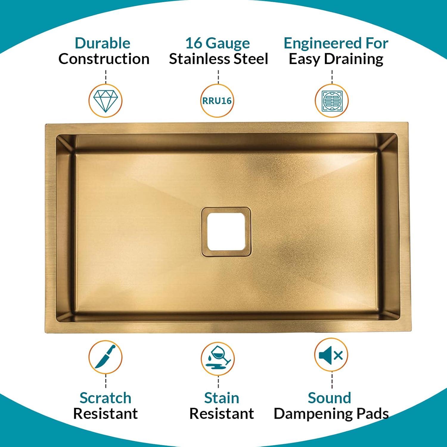 Strictly Sinks 32 Inch Undermount Single Bowl Kitchen Sink – Sink with Bottom Grid & Drain – Gold