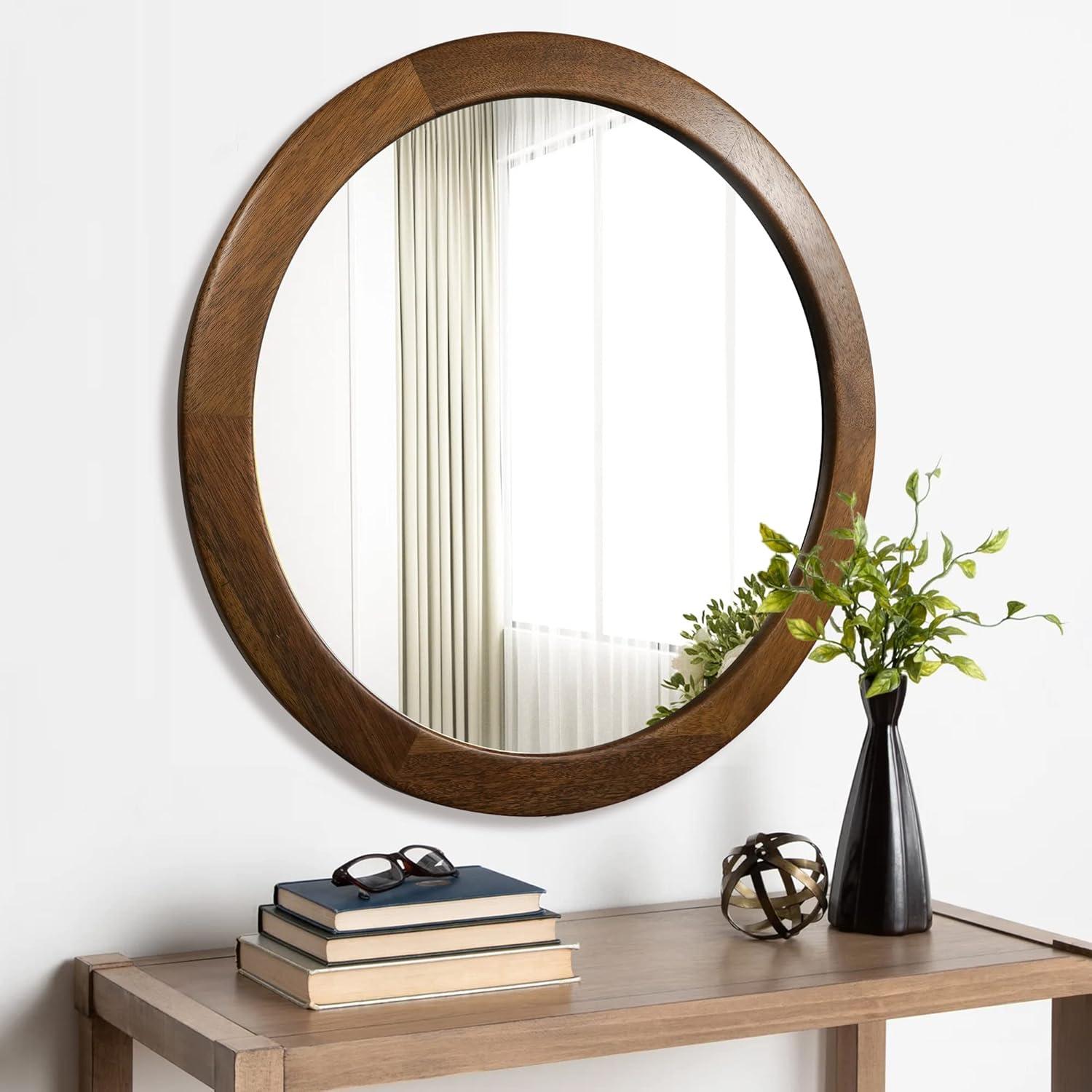 Latitude Run® Round Mirrors 30 Inch,Wood Vanity Wall Rustic Mirror With Walnut Frame, Wooden Mirror For Bathroom Bedroom Living Room Or Entryway(Walnut Brown)