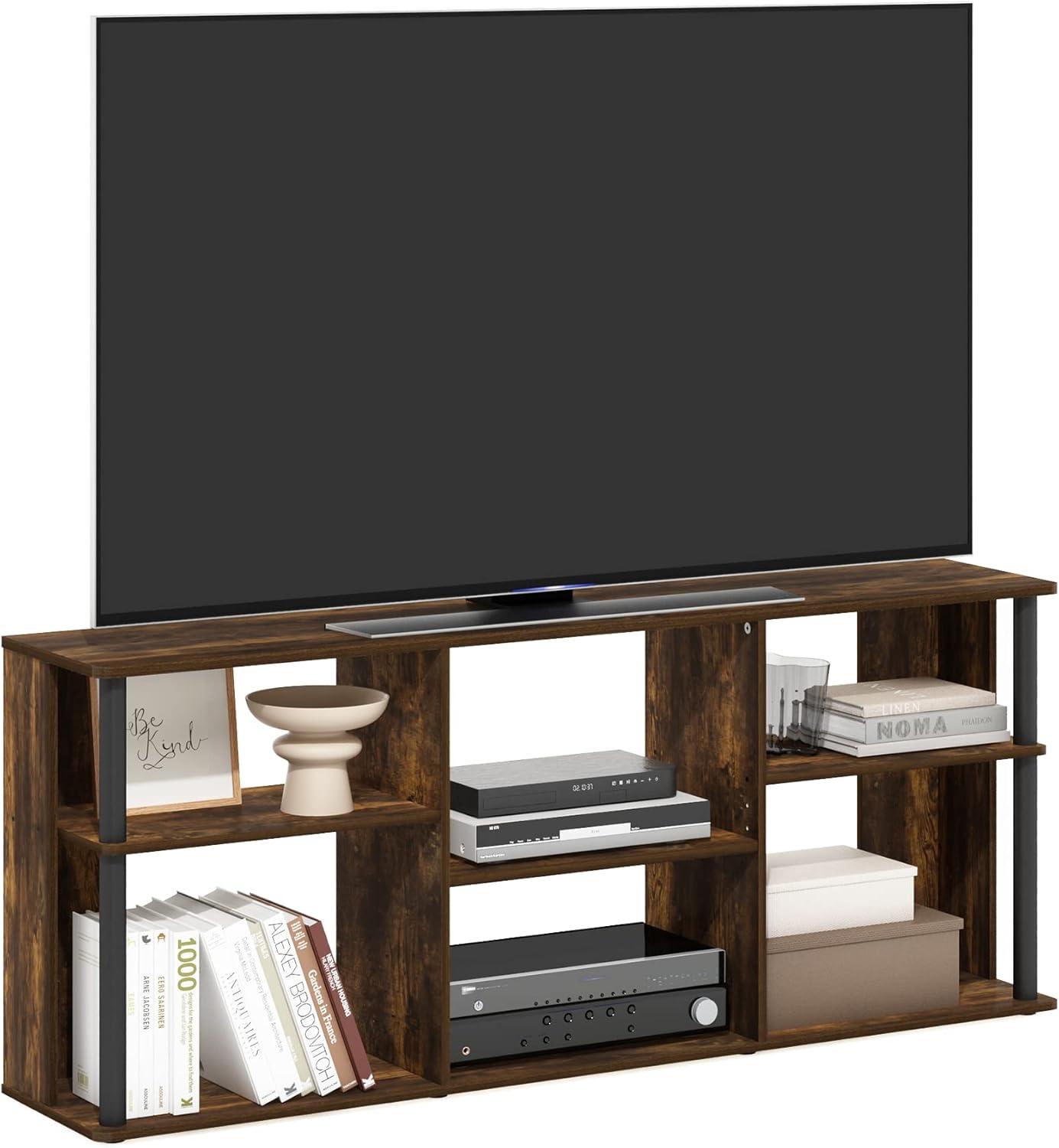 Furinno  Classic TV Stand with Plastic Poles for TV up to 65 in., Amber Pine & Black