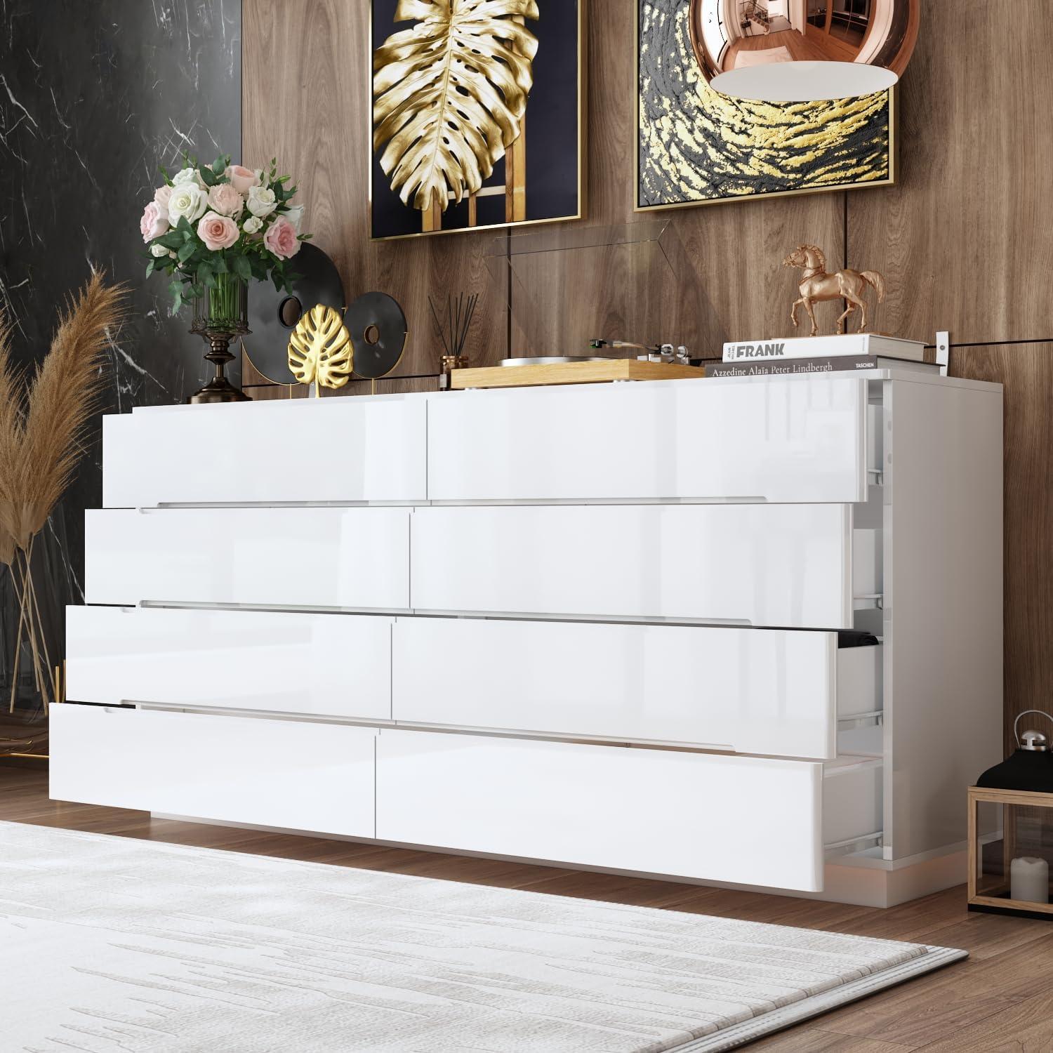 Modern White High Gloss Double Dresser with LED Lights