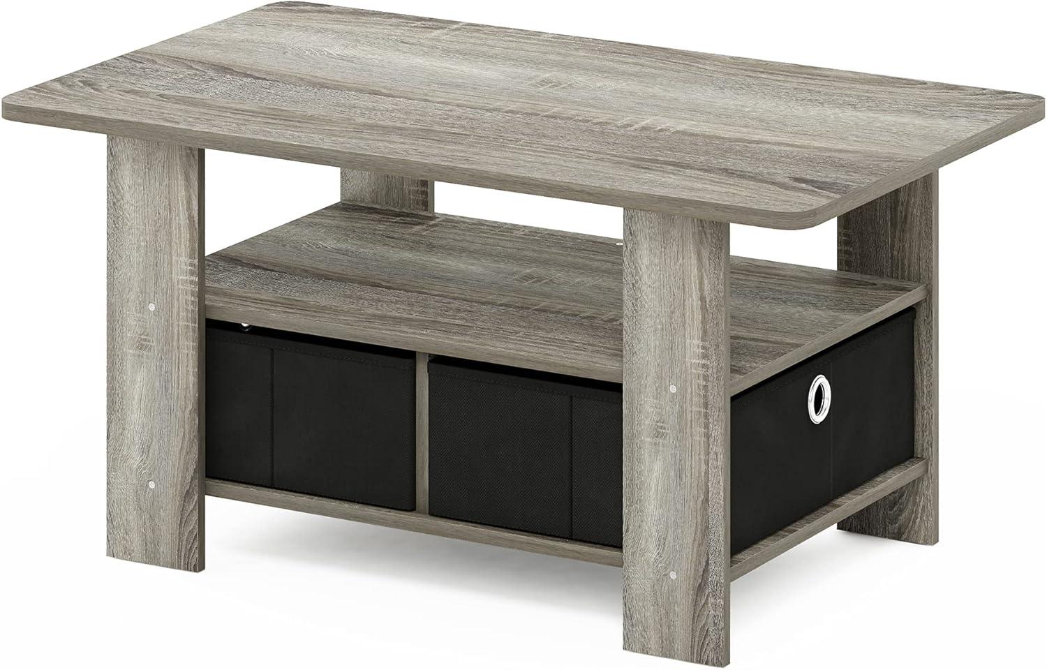 French Oak Gray and Black Wood Coffee Table with Storage Bins