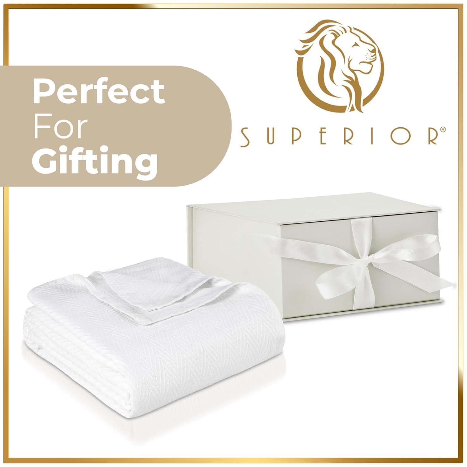 Superior Dobbyweave Knit Cotton Blanket, All Season Bed Blanket, Full/Queen 88" x 100", White